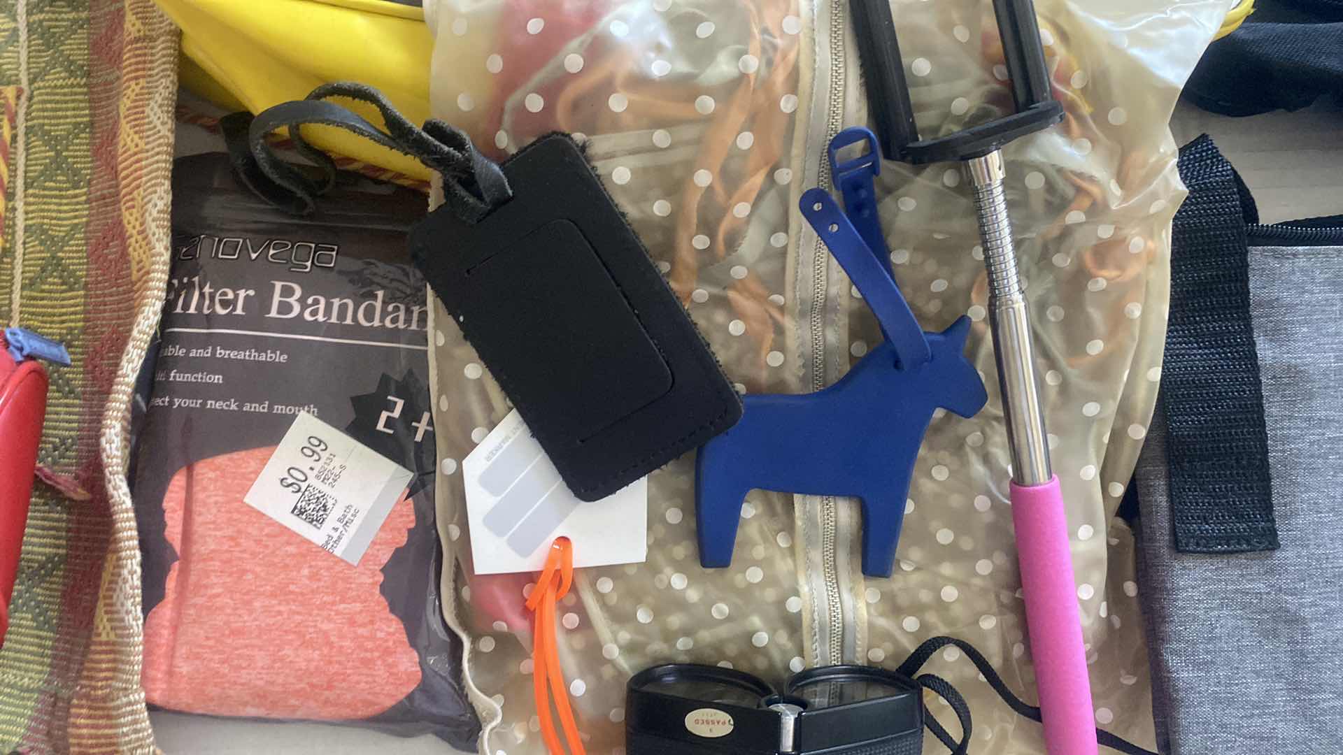 Photo 1 of VINYL BEACH TOTE & TRAVEL ACCESSORIES DOPP BAG/ SELFIE STICK, /LUGGAGE TAGS, SMALL BINOCULARS & BANDANA
