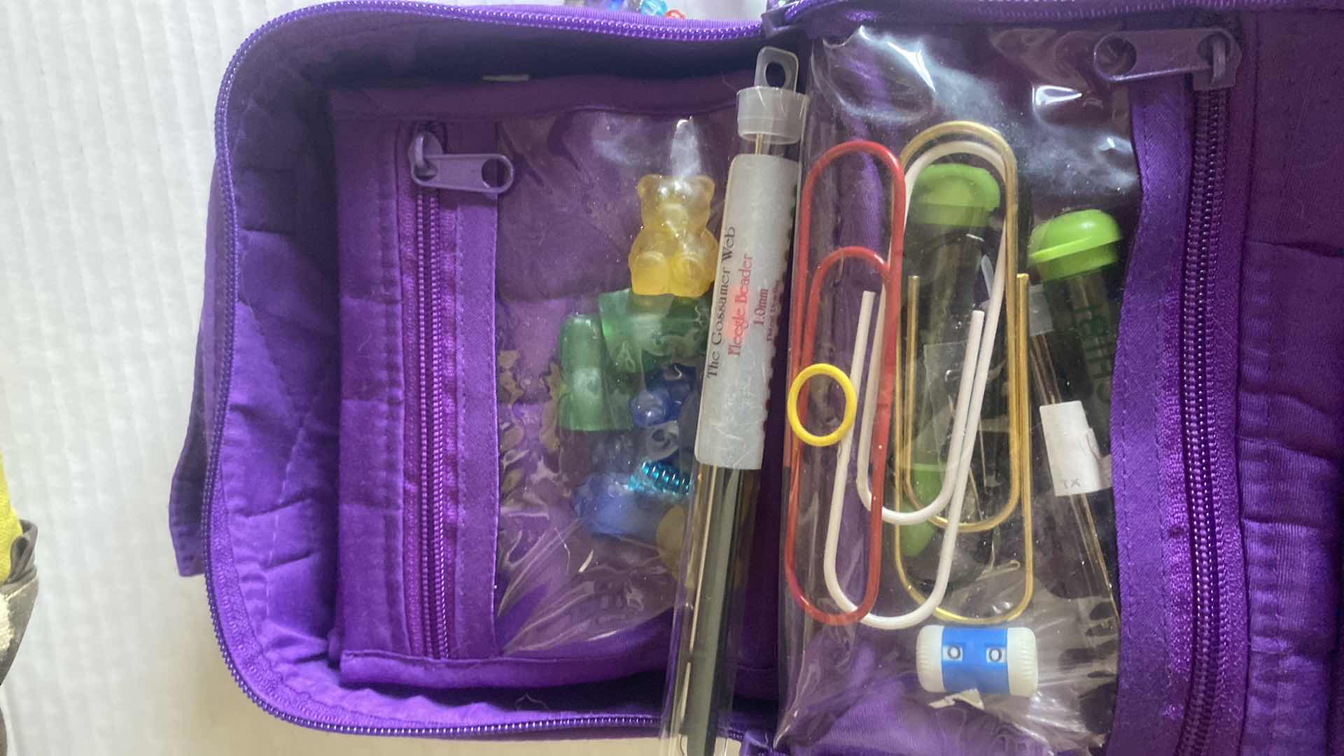 Photo 1 of KNITTING & CROCHETING SUPPLIES -PICKERS, NEEDLES, TOTES AND PURPLE BEAD TOOLS & STORAGE BAG