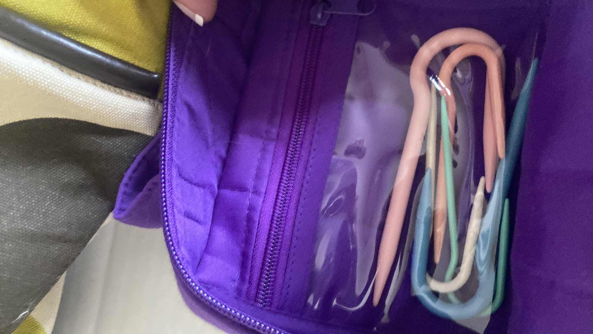 Photo 1 of KNITTING & CROCHETING SUPPLIES -PICKERS, NEEDLES, TOTES AND PURPLE BEAD TOOLS & STORAGE BAG