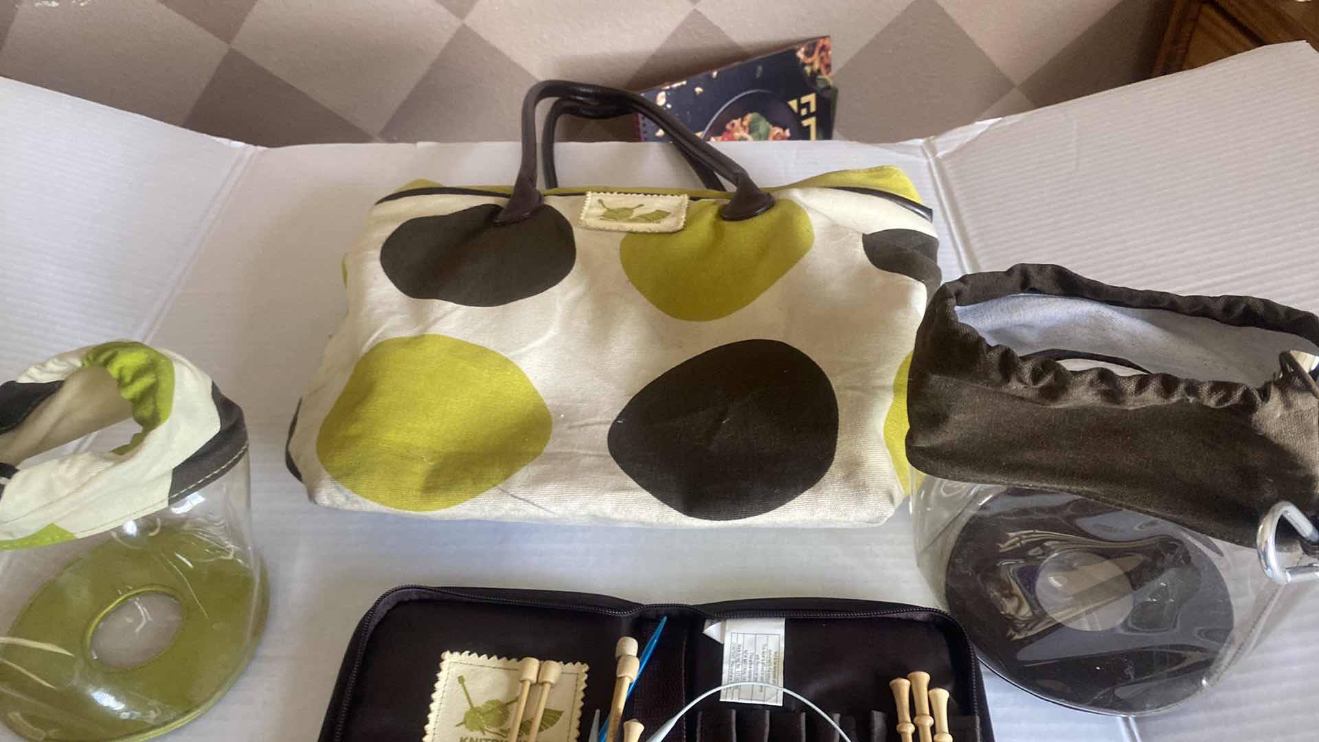Photo 1 of KNITTING & CROCHETING SUPPLIES -PICKERS, NEEDLES, TOTES AND PURPLE BEAD TOOLS & STORAGE BAG