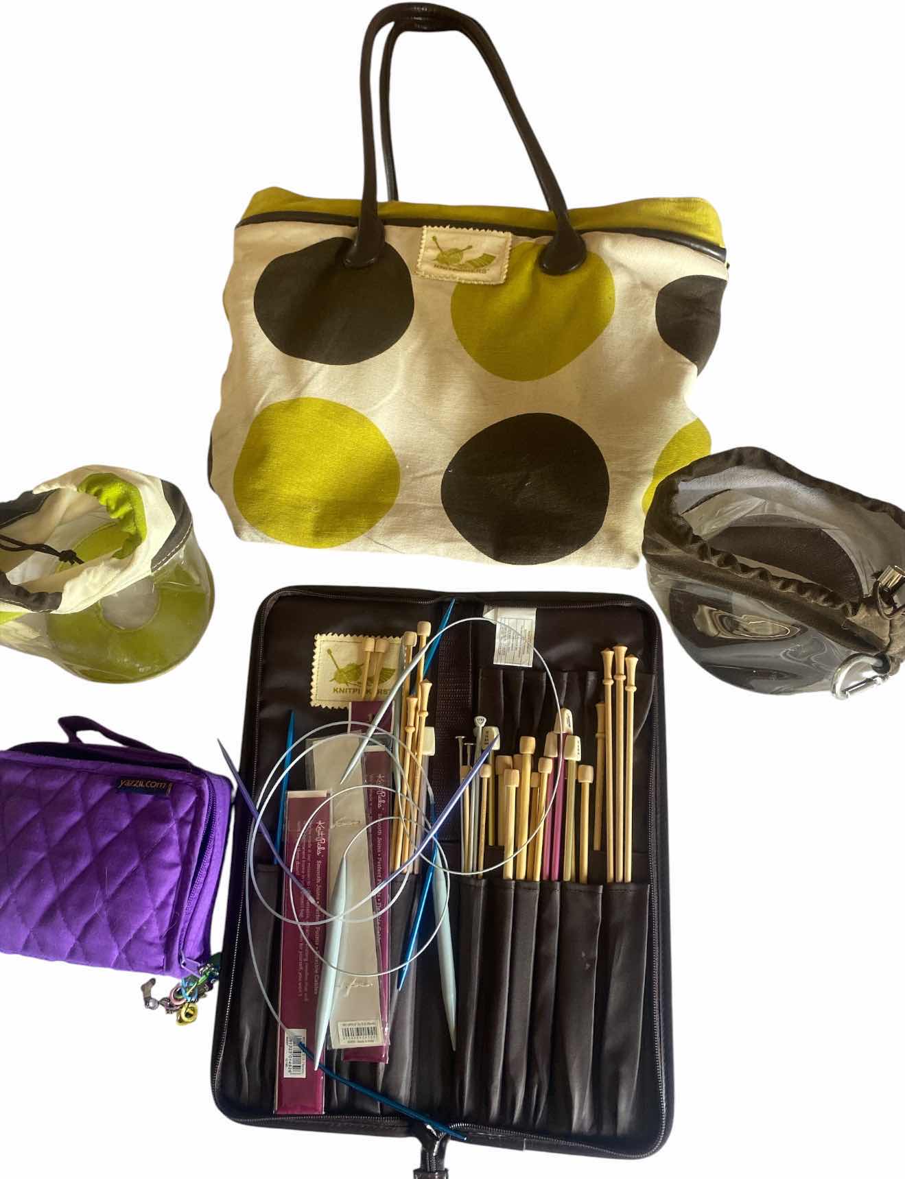 Photo 1 of KNITTING & CROCHETING SUPPLIES -PICKERS, NEEDLES, TOTES AND PURPLE BEAD TOOLS & STORAGE BAG
