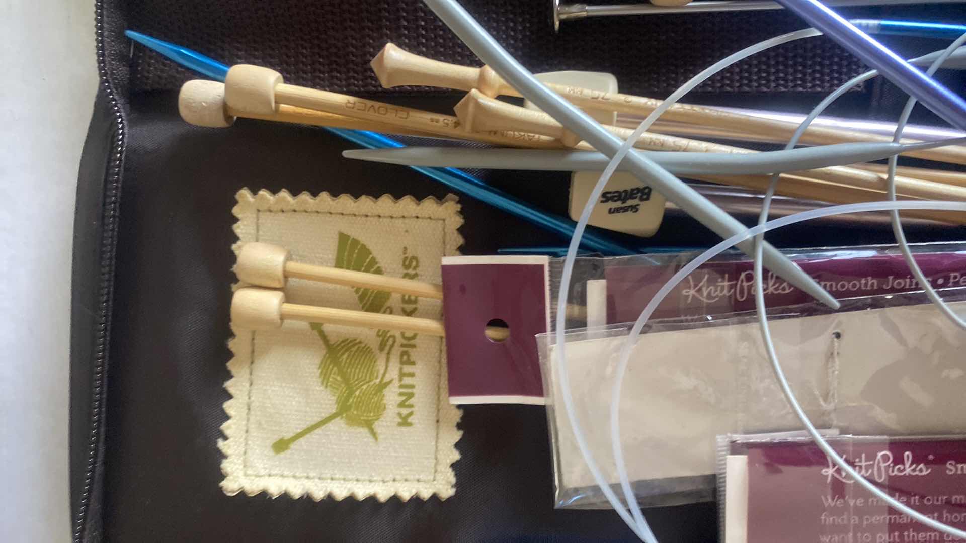 Photo 1 of KNITTING & CROCHETING SUPPLIES -PICKERS, NEEDLES, TOTES AND PURPLE BEAD TOOLS & STORAGE BAG