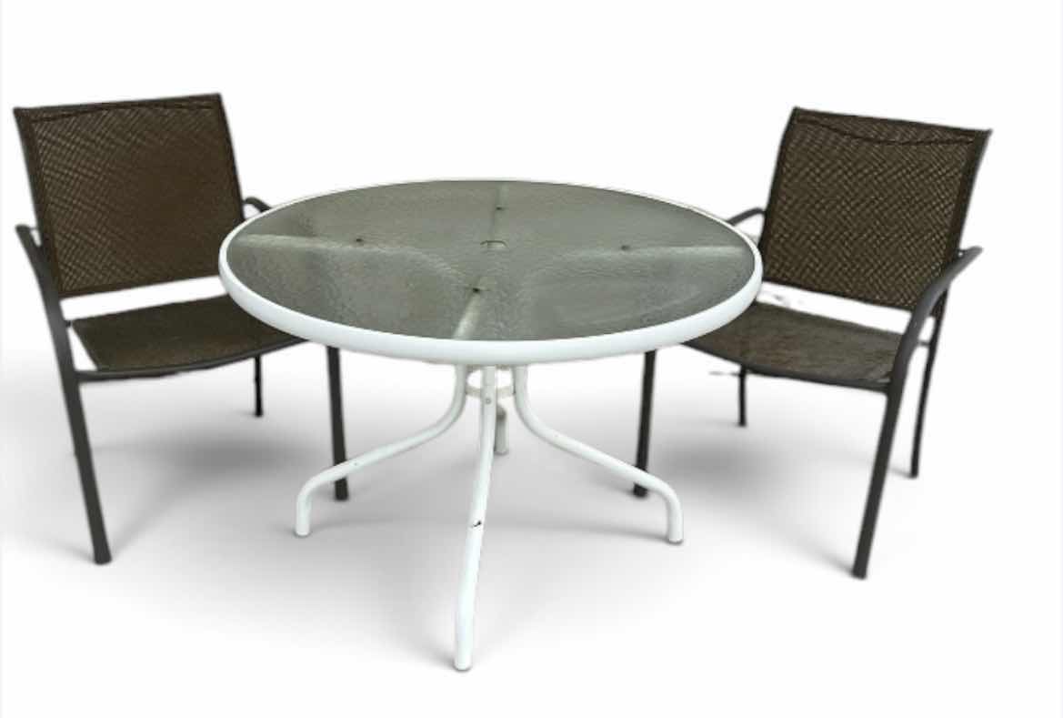 View 1 of OUTDOOR METAL TABLE AND TWO CHAIRS 42“ x H28 1/4“