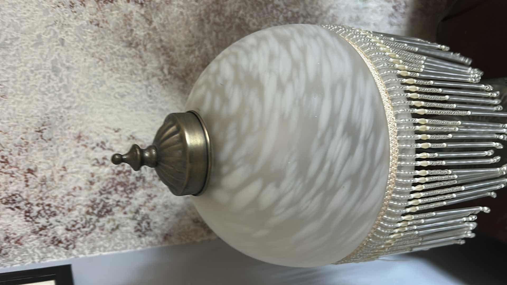Photo 1 of VINTAGE VICTORIAN STYLE BEADED TABLE, LAMP WITH GLASS DOME, SHADE AND BEADED FRINGE TASSELS H19”