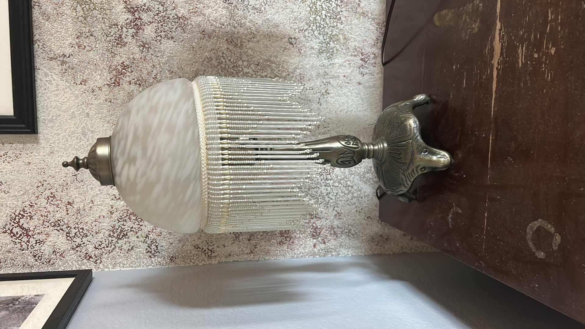 Photo 1 of VINTAGE VICTORIAN STYLE BEADED TABLE, LAMP WITH GLASS DOME, SHADE AND BEADED FRINGE TASSELS H19”