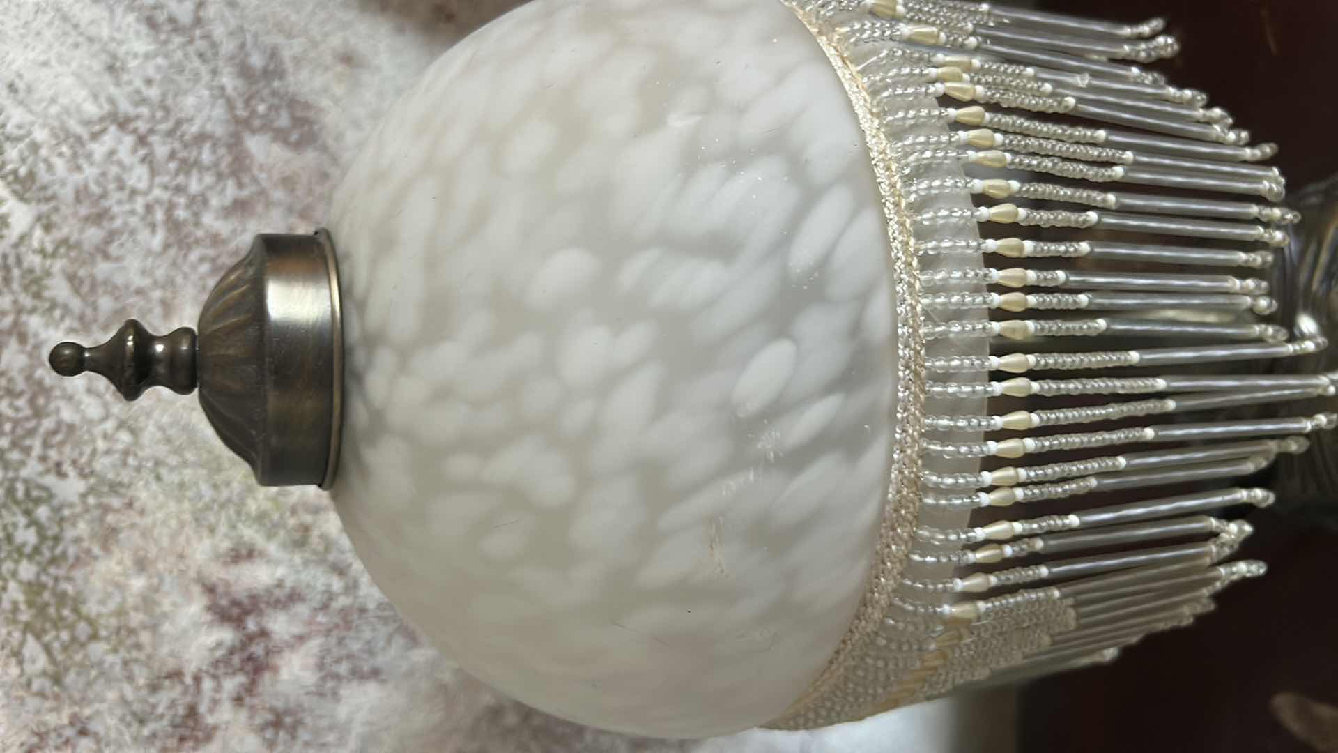 Photo 1 of VINTAGE VICTORIAN STYLE BEADED TABLE, LAMP WITH GLASS DOME, SHADE AND BEADED FRINGE TASSELS H19.5”