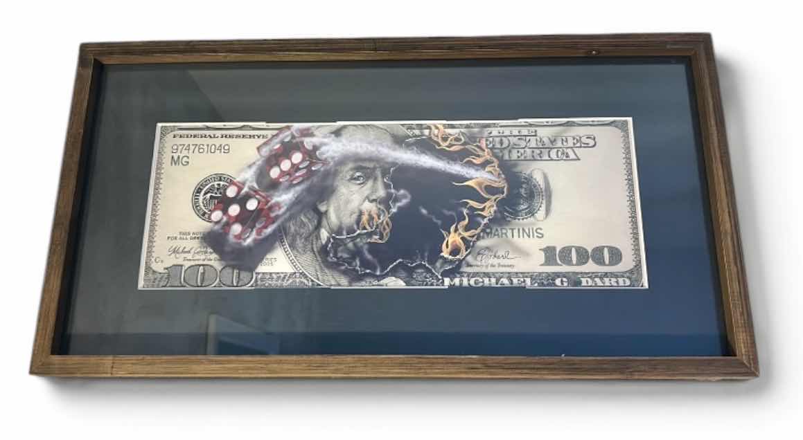 Photo 1 of FRAMED ART PRINT TITLED $100 BILL WITH DICE BY ARTIST MICHAEL GODARD . ARTWORK 21“ x H11”