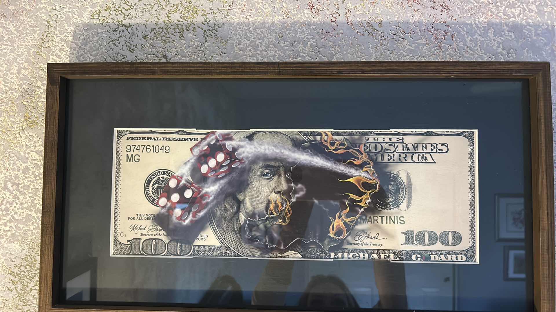 Photo 1 of FRAMED ART PRINT TITLED $100 BILL WITH DICE BY ARTIST MICHAEL GODARD . ARTWORK 21“ x H11”