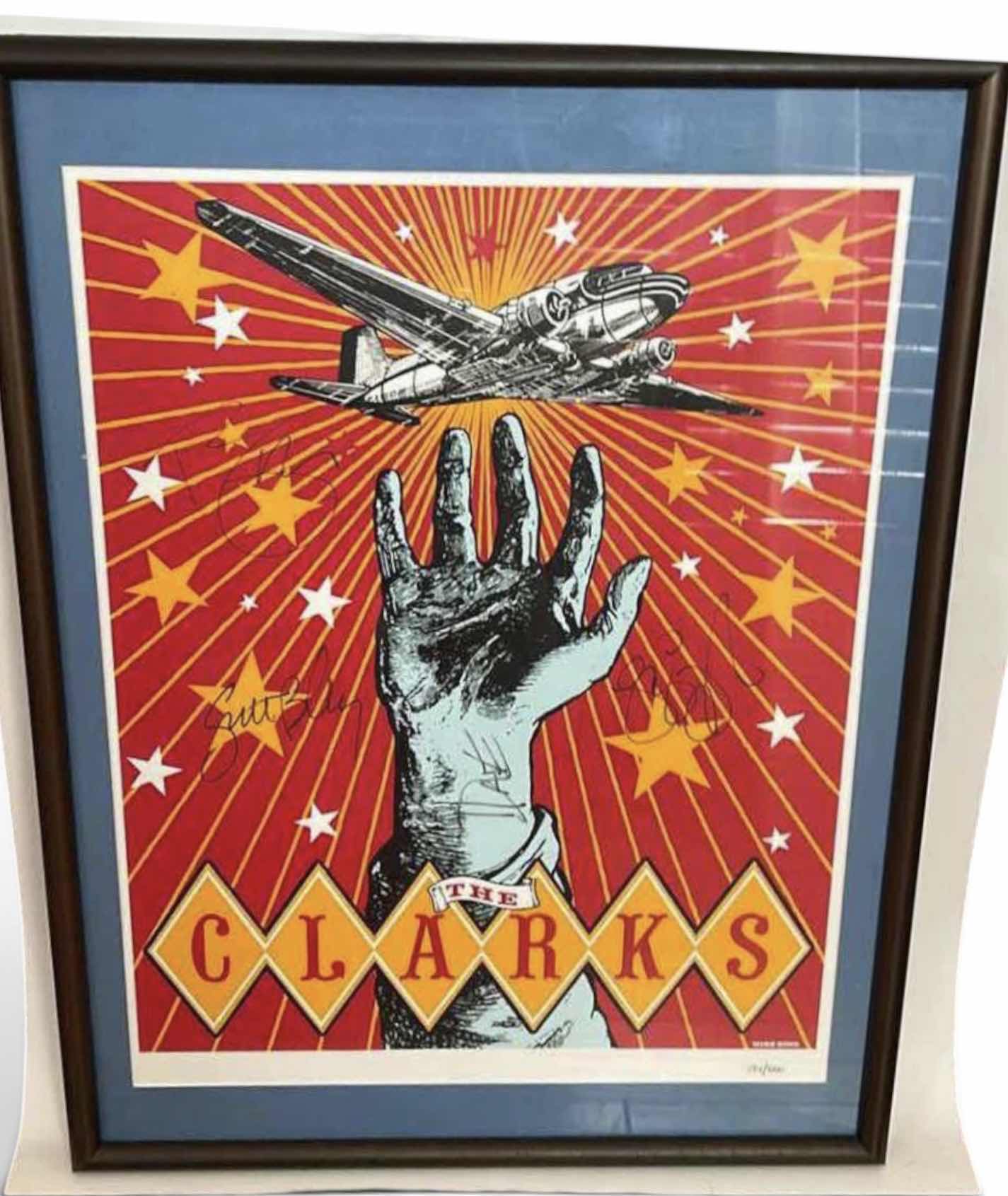 Photo 1 of FRAMED LIMITED EDITION , SIGNED BY BAND MEMBERS, POSTER FOR THE BAND THE CLARKS, ARTWORK ,WITH CD 18 1/4“ x H24 1/4“