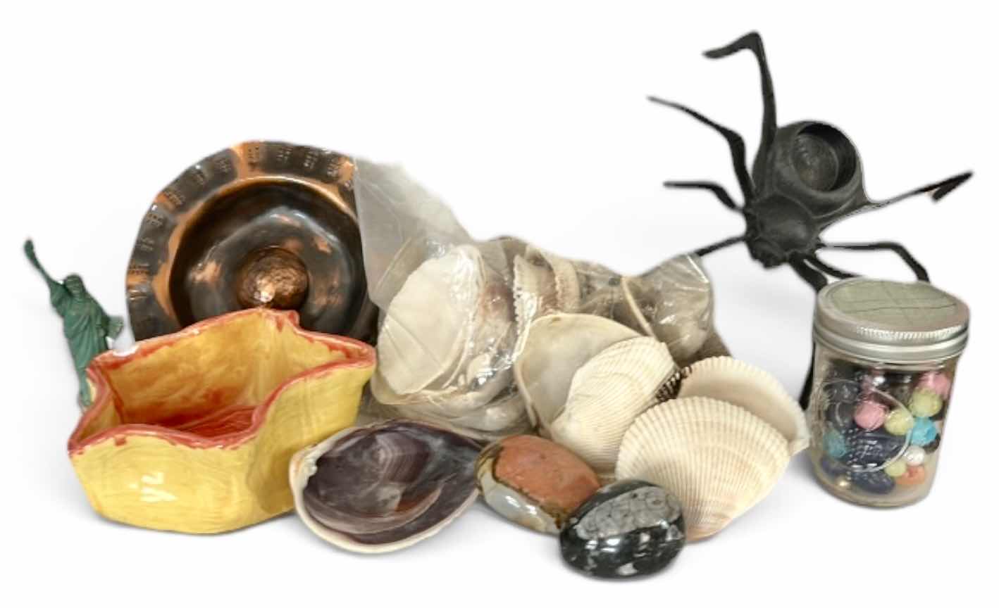 Photo 1 of MISCELLANEOUS HOME DECOR – MARBLES, SHELLS, COPPER BOWL, POLISHED ROCK, AND MORE
