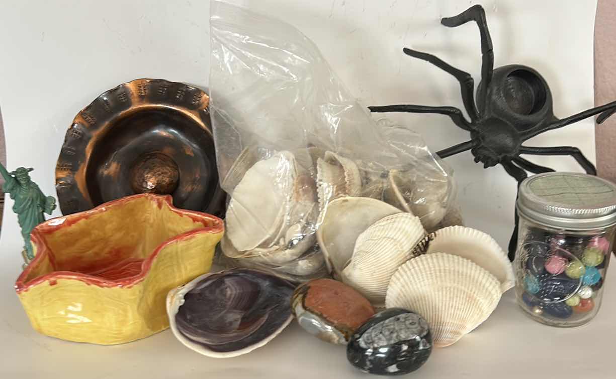 Photo 1 of MISCELLANEOUS HOME DECOR – MARBLES, SHELLS, COPPER BOWL, POLISHED ROCK, AND MORE