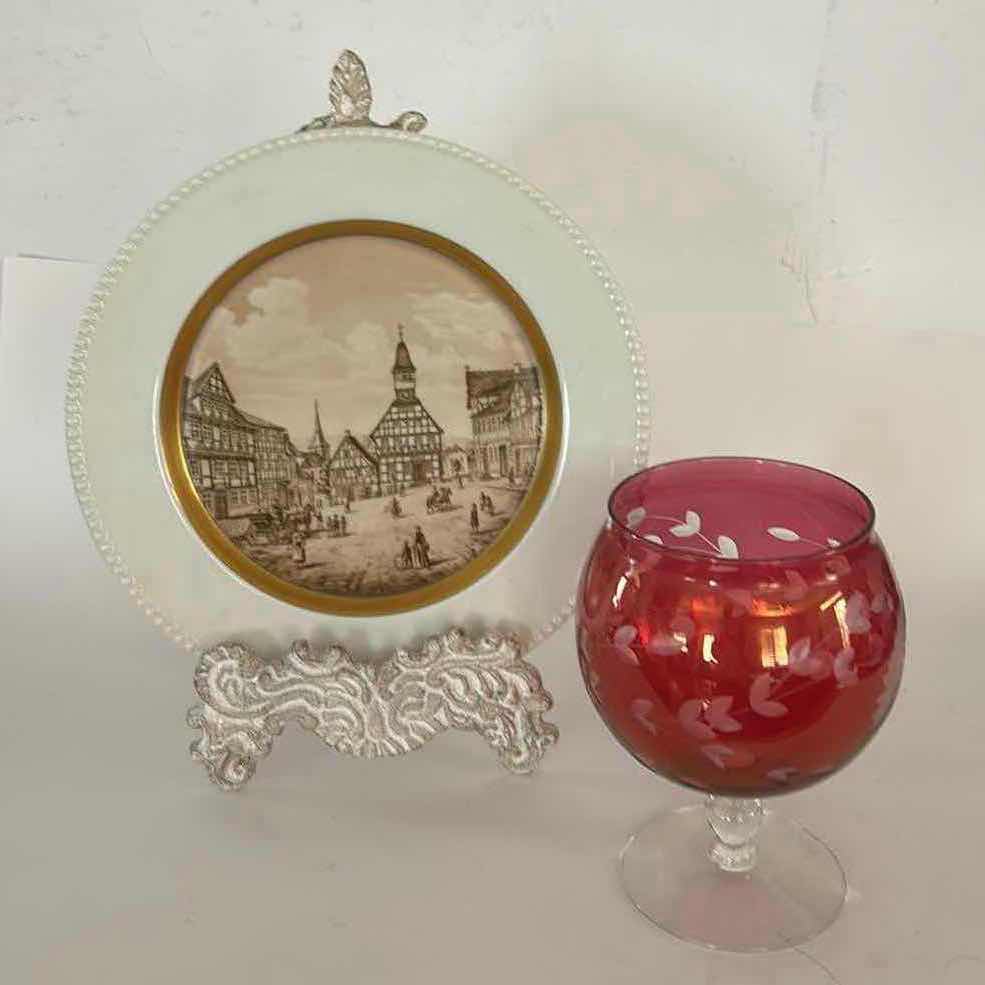 Photo 1 of VINTAGE GERMAN PORCELAIN PLATE AND VINTAGE CRANBERRY VASE