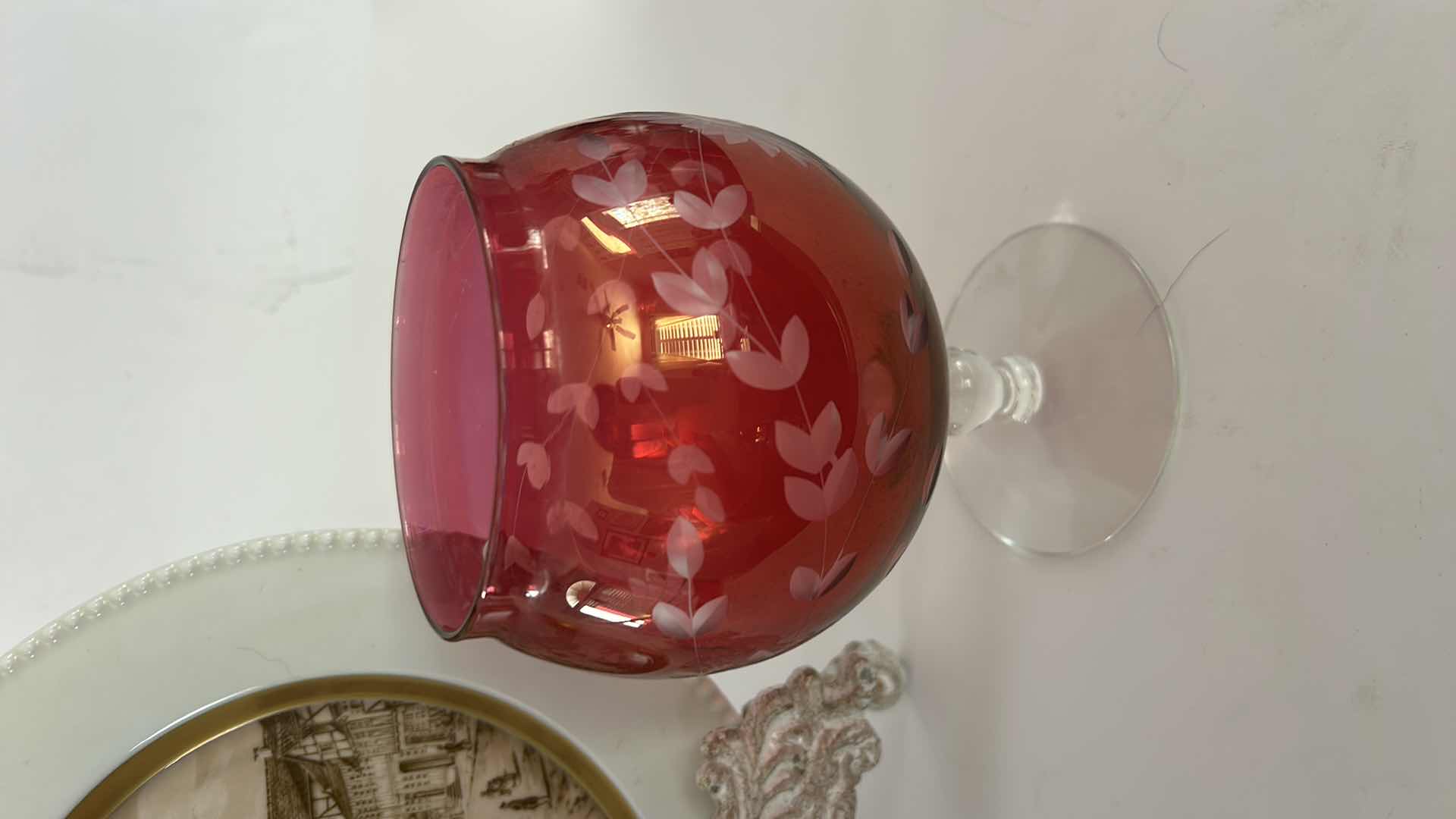 Photo 1 of VINTAGE GERMAN PORCELAIN PLATE AND VINTAGE CRANBERRY VASE