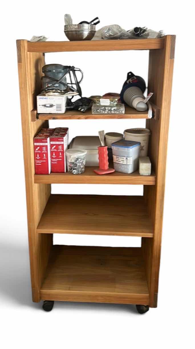 Photo 1 of ROLLING WOOD SHELVING UNIT WITH GARAGE ITEMS