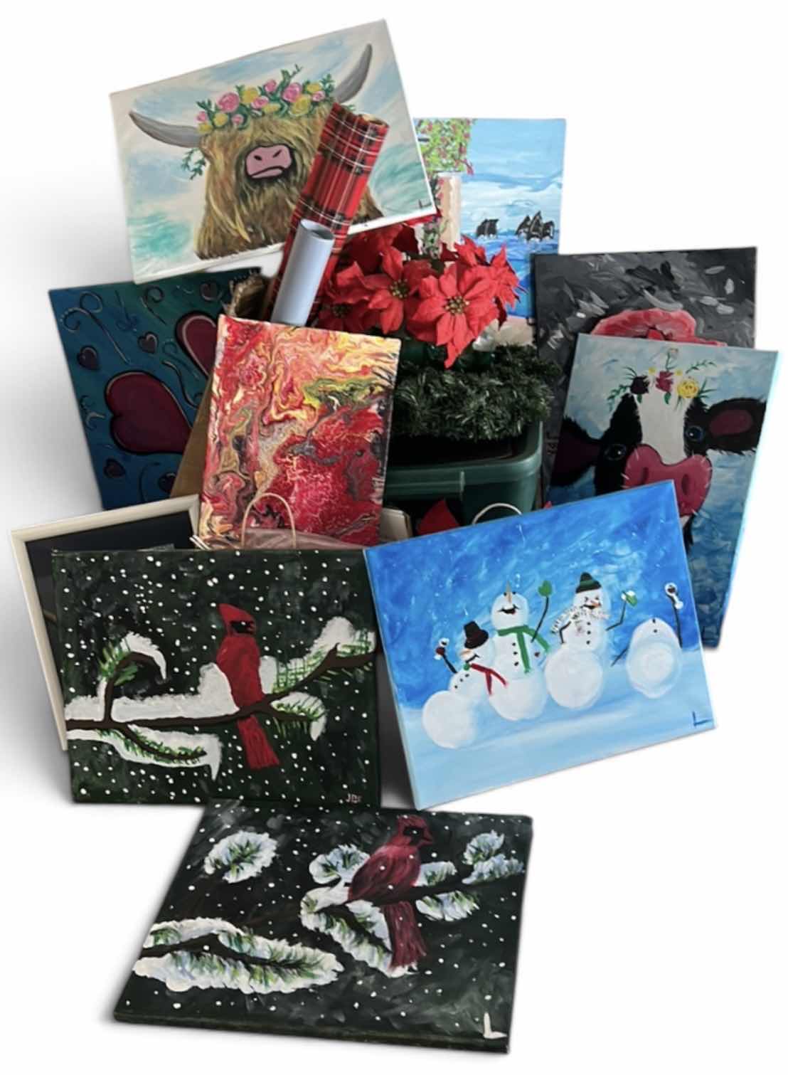 Photo 1 of ARTWORK ON CANVAS AND CHRISTMAS WRAPPING SUPPLIES