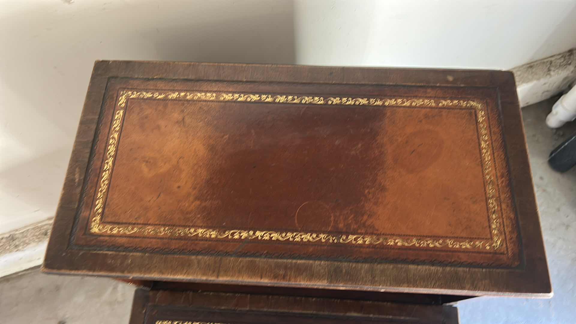 Photo 1 of VINTAGE LIBRARY OR BED STEP STOOL FEATURING INLAID LEATHER TOP, AND TURNED LEGS. 18” x 27” x H24”