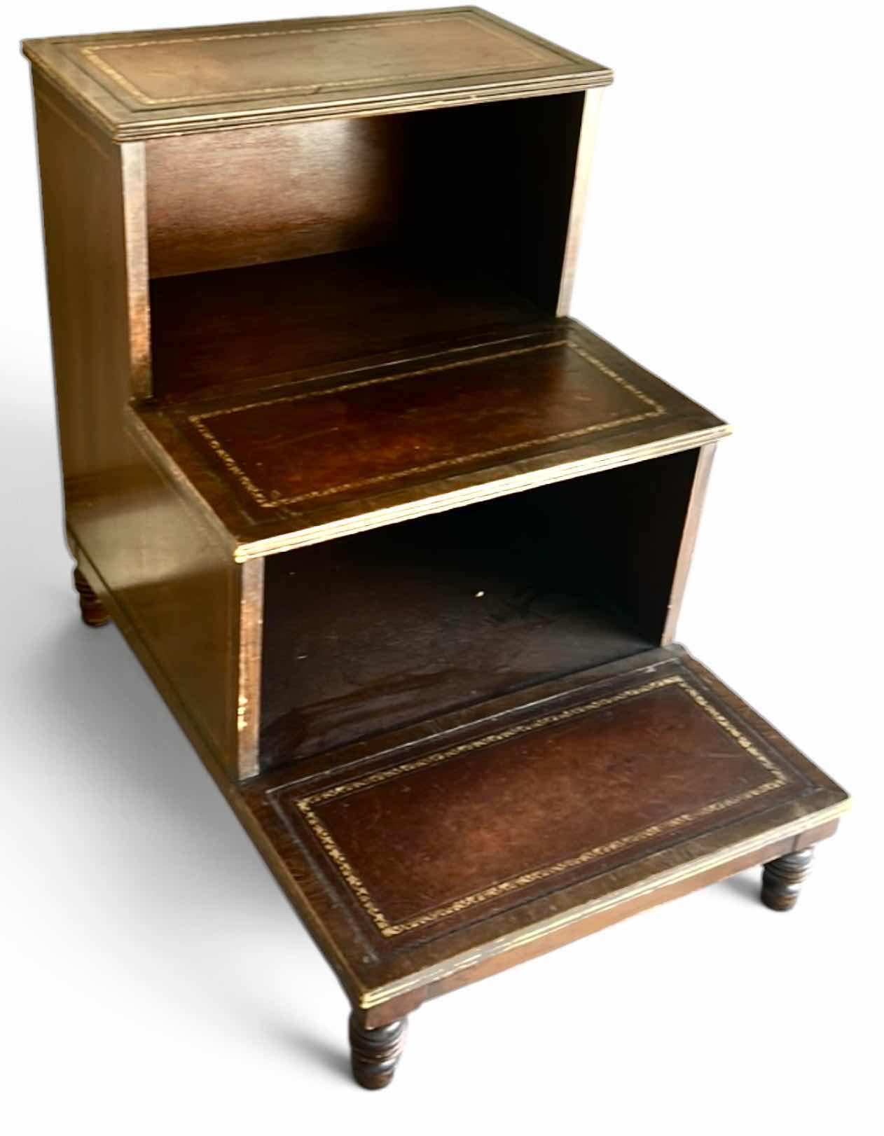 Photo 1 of VINTAGE LIBRARY OR BED STEP STOOL FEATURING INLAID LEATHER TOP, AND TURNED LEGS. 18” x 27” x H24”