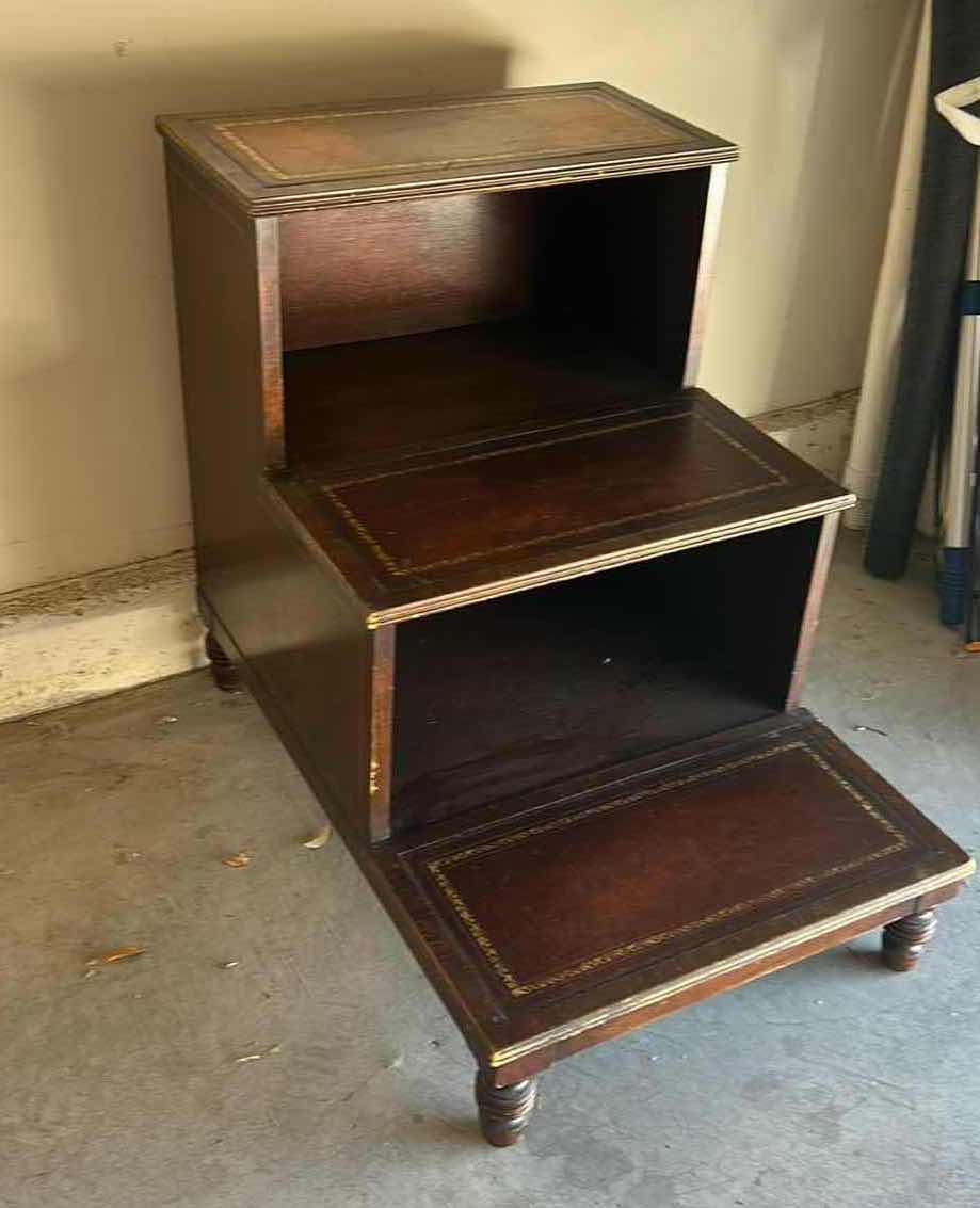 Photo 1 of VINTAGE LIBRARY OR BED STEP STOOL FEATURING INLAID LEATHER TOP, AND TURNED LEGS. 18” x 27” x H24”