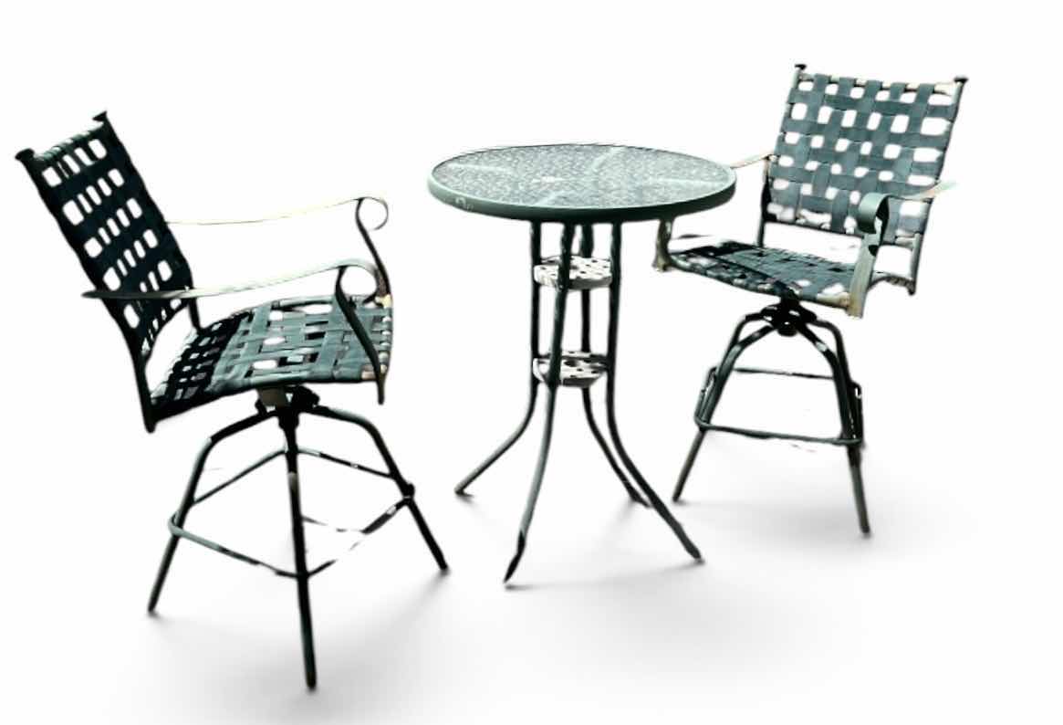 Photo 1 of METAL BAR HEIGHT OUTDOOR TABLE AND TWO CHAIRS WITH GREEN PATINA 28” X 28” X H 27 1/4” SEAT HEIGHT 26” OVERALL HEIGHT 43 1/2”