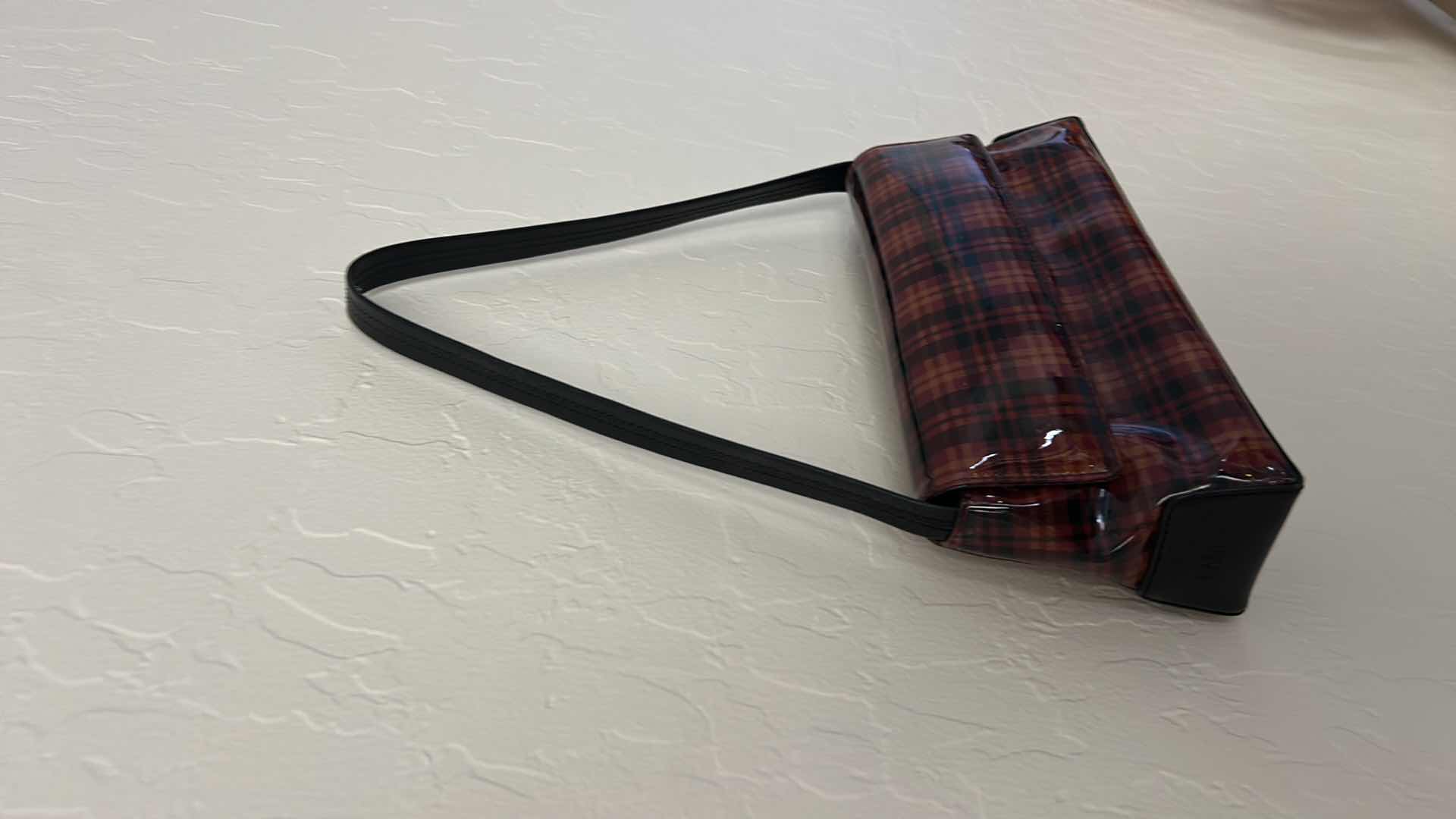 Photo 1 of VINTAGE GLOSSY VINYL, RED AND BLACK TARTAN PLAID HANDBAG