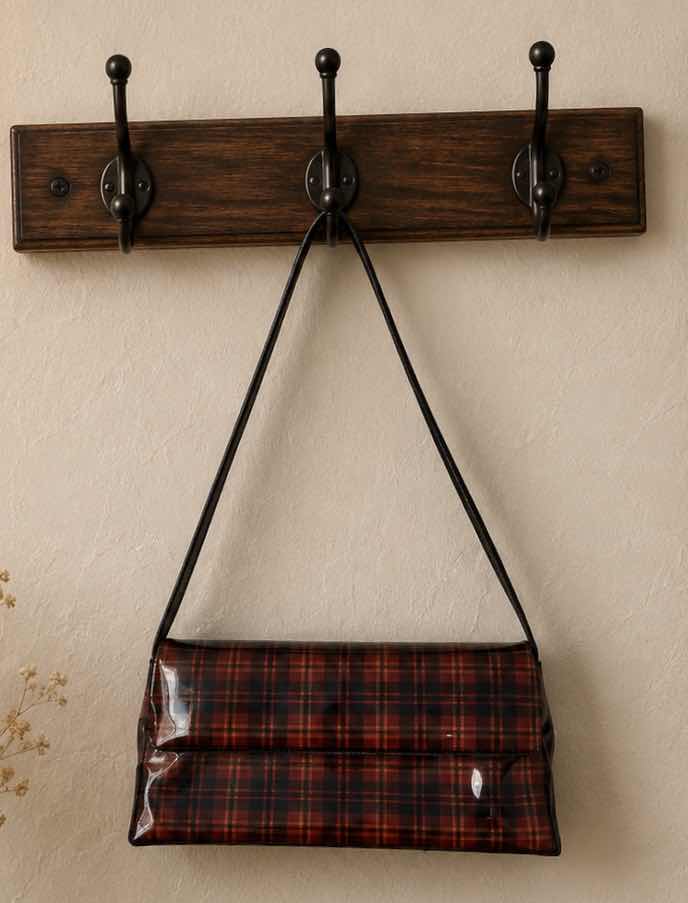 Photo 1 of VINTAGE GLOSSY VINYL, RED AND BLACK TARTAN PLAID HANDBAG
