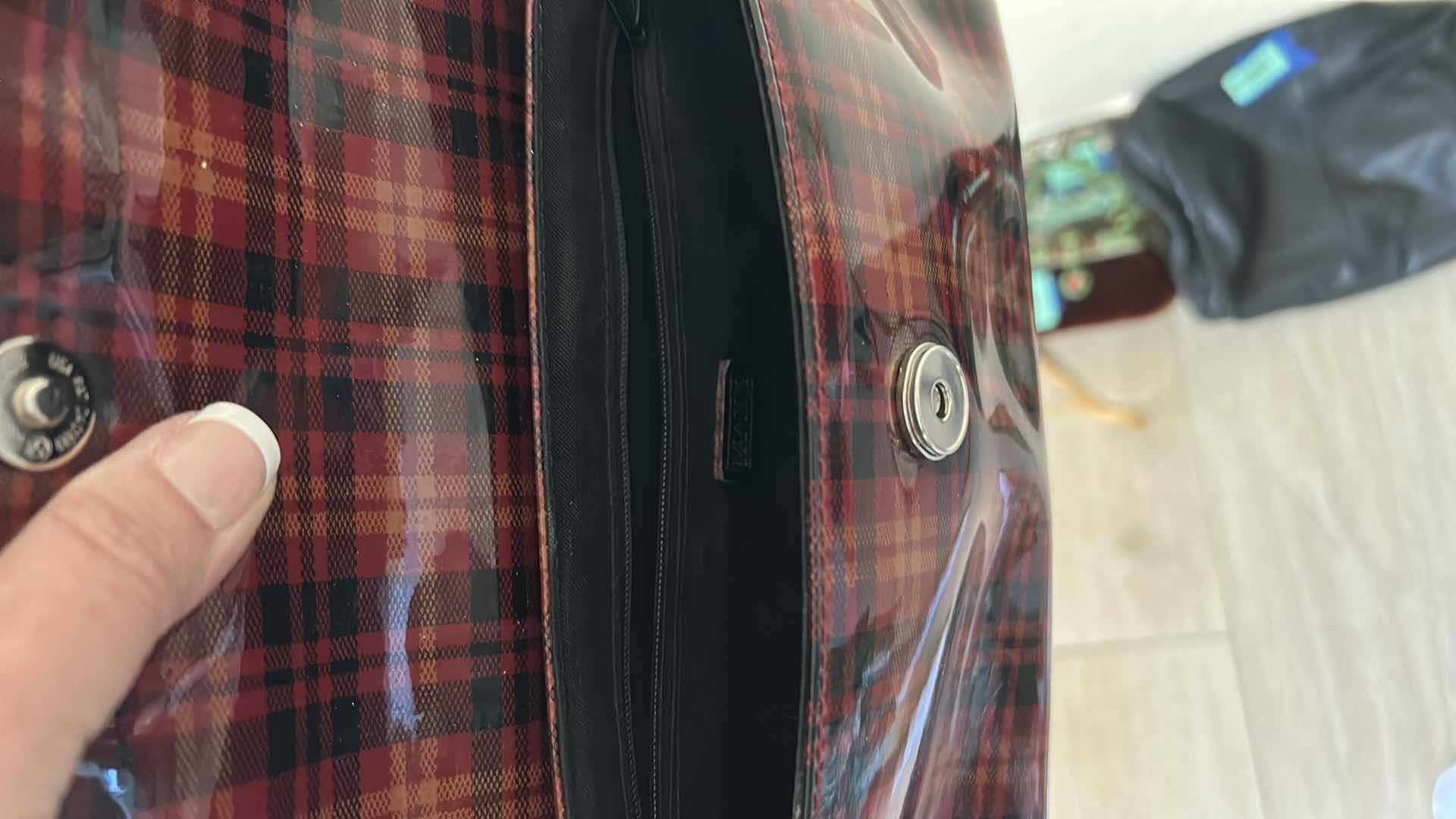 Photo 1 of VINTAGE GLOSSY VINYL, RED AND BLACK TARTAN PLAID HANDBAG