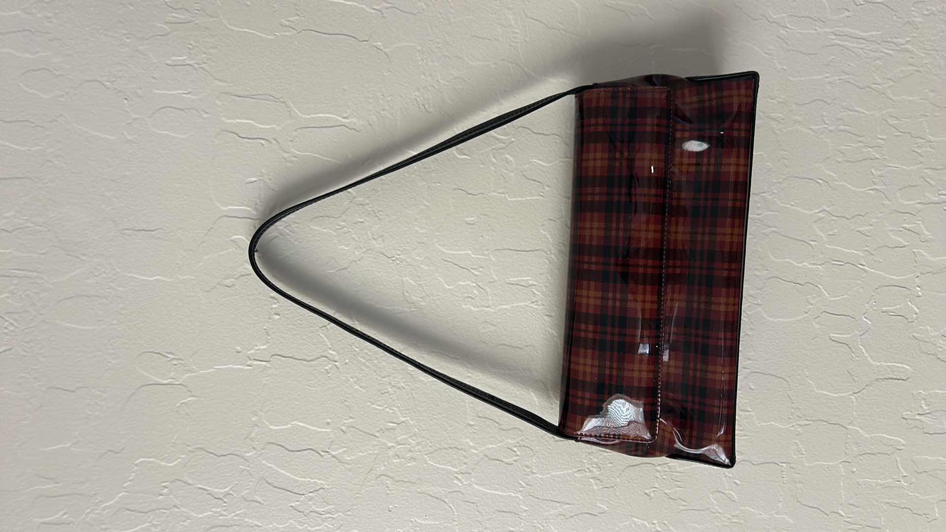 Photo 1 of VINTAGE GLOSSY VINYL, RED AND BLACK TARTAN PLAID HANDBAG