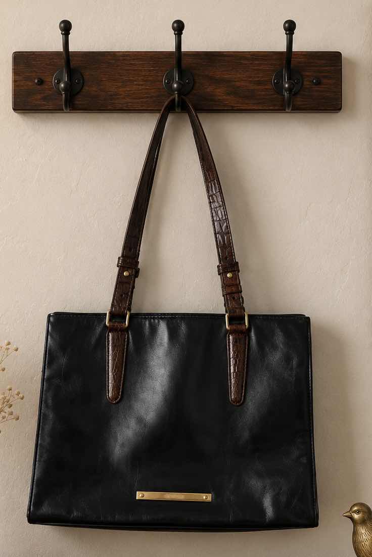 Photo 1 of BLACK LEATHER, BRAHMIN HANDBAG FEATURES, STRIKING, CROC, EMBOSSED CONTRAST TRIM, AND POLISHED GOLD TONE HARDWARE