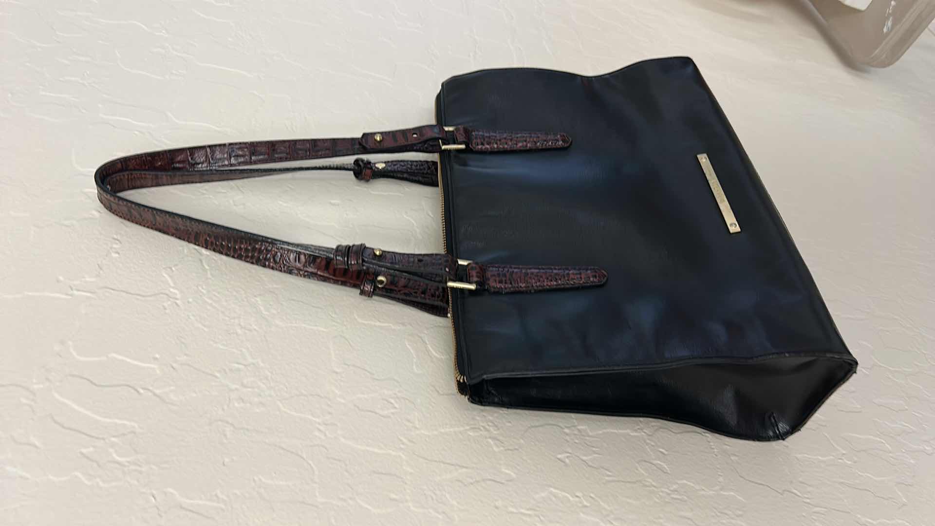 Photo 1 of BLACK LEATHER, BRAHMIN HANDBAG FEATURES, STRIKING, CROC, EMBOSSED CONTRAST TRIM, AND POLISHED GOLD TONE HARDWARE
