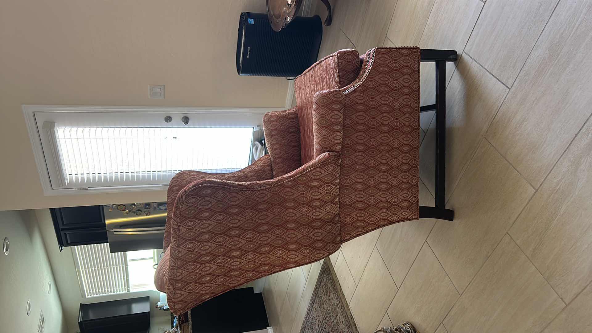 View 5 of TRADITIONAL STYLE WINGBACK CHAIR FEATURING A PATTERN, RED FABRIC AND DARK WOODEN LEGS 38“ X 35“ X H46“
