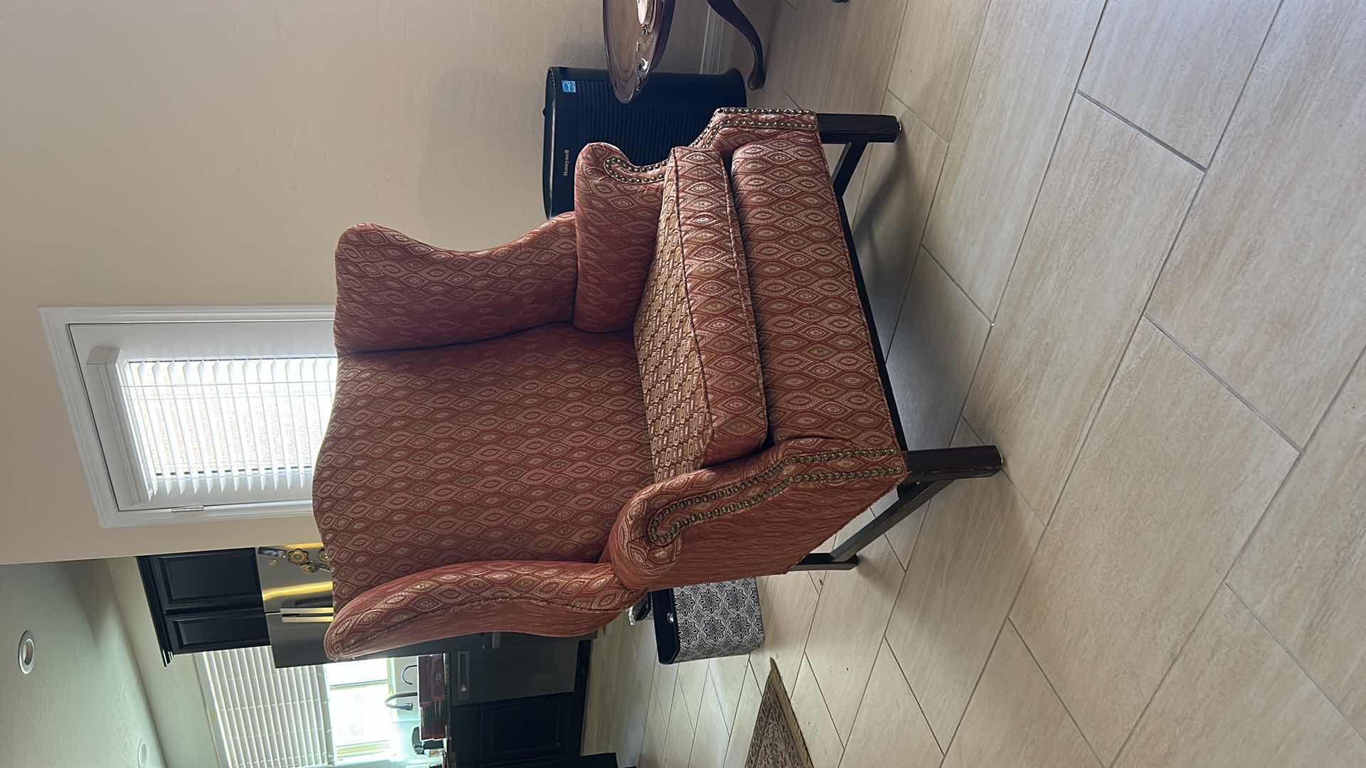 View 3 of TRADITIONAL STYLE WINGBACK CHAIR FEATURING A PATTERN, RED FABRIC AND DARK WOODEN LEGS 38“ X 35“ X H46“
