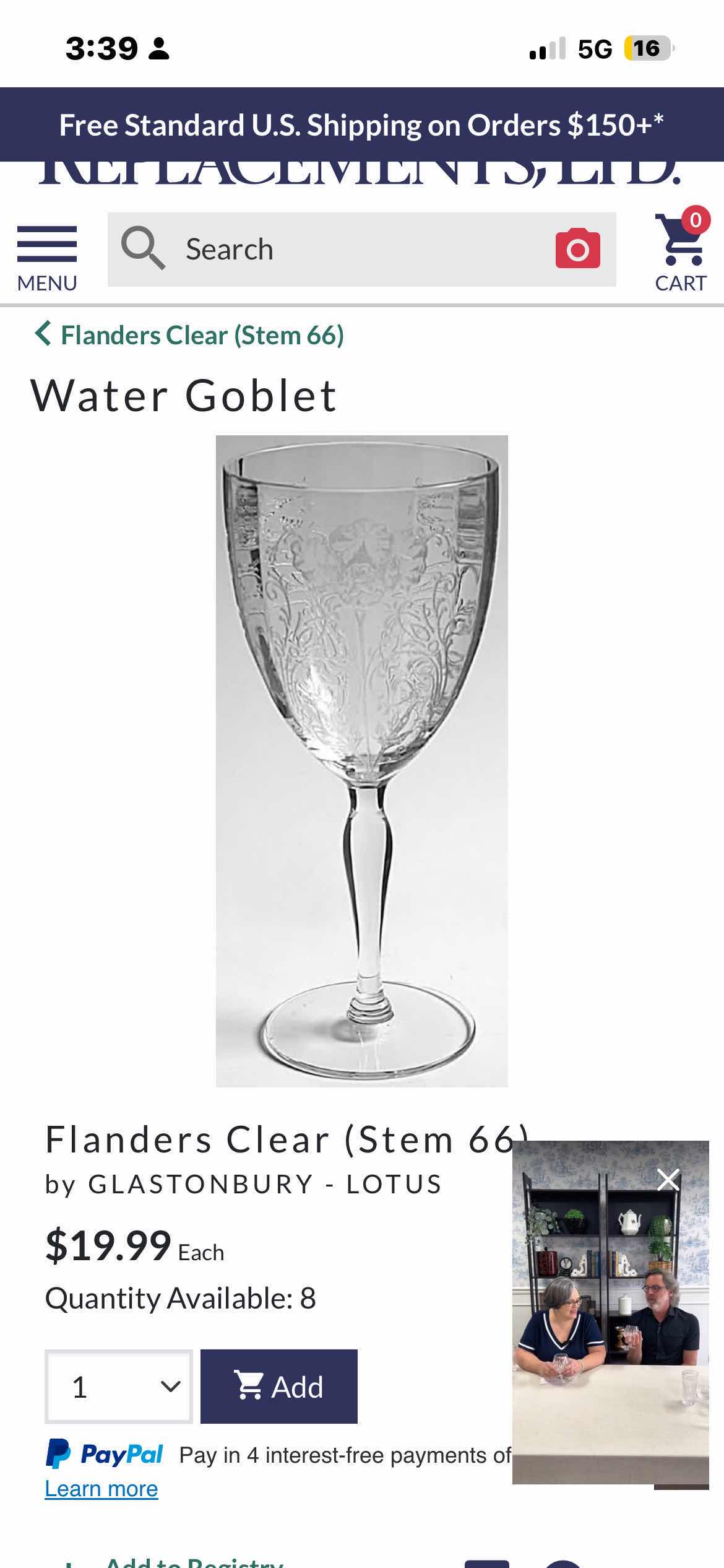 Photo 1 of 2 PIECE - FLANDERS CLEAR BY GLASSBURY – LOTUS WATER GOBLET $40