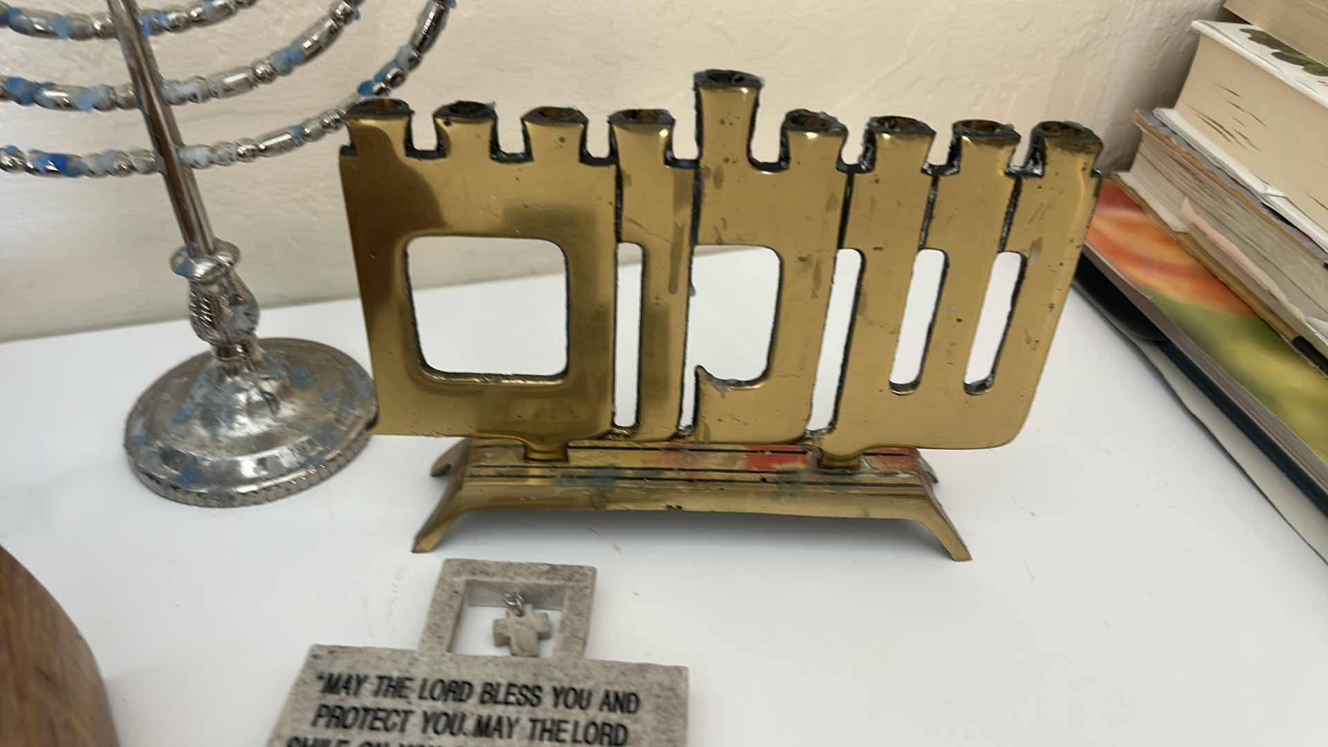 Photo 1 of 2 MENORAHS, CROSS, WOOD BOX WITH POLISHED STONE AND CANDLES