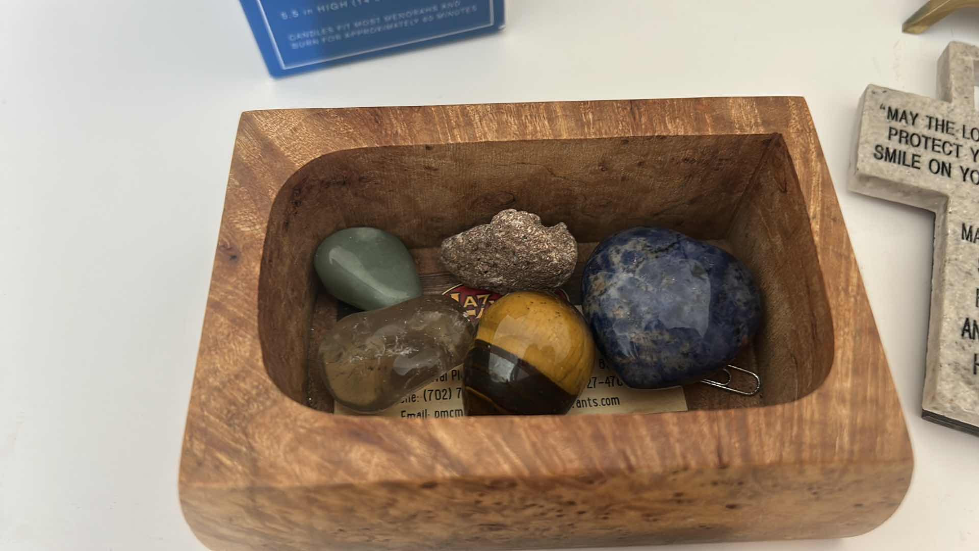 Photo 1 of 2 MENORAHS, CROSS, WOOD BOX WITH POLISHED STONE AND CANDLES