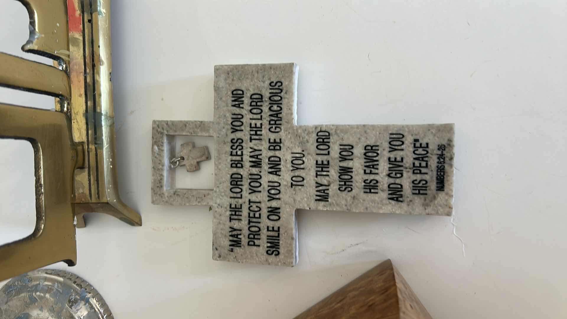 Photo 1 of 2 MENORAHS, CROSS, WOOD BOX WITH POLISHED STONE AND CANDLES