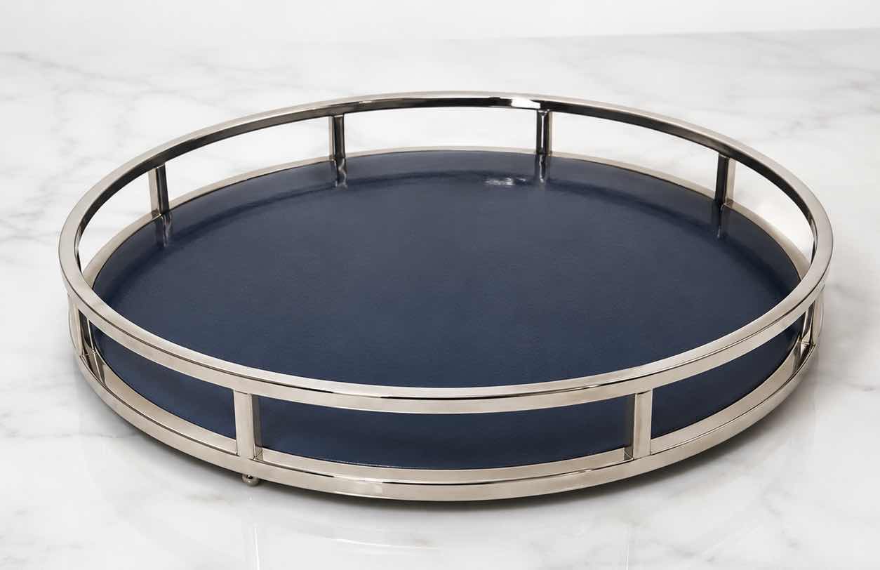 Photo 1 of ROUND TRAY FEATURING A SLEEK, SILVER TONED METAL RIM AND A DARK BLUE GLASS BOTTOM 21” x H2 1/2”