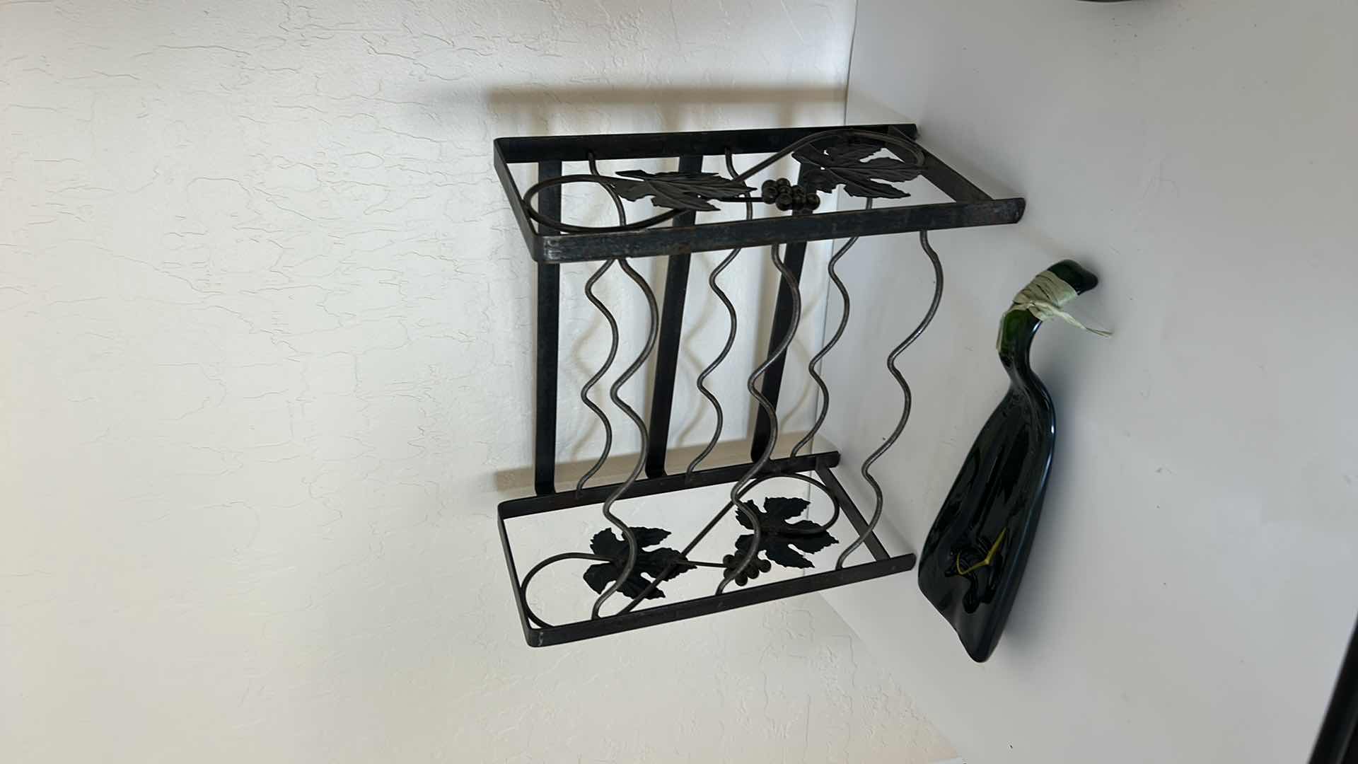 Photo 1 of METAL WINE BOTTLE RACK, AND GLASS WINE BOTTLE HOLDER, 14 1/4” x 7 1/4” x 14”