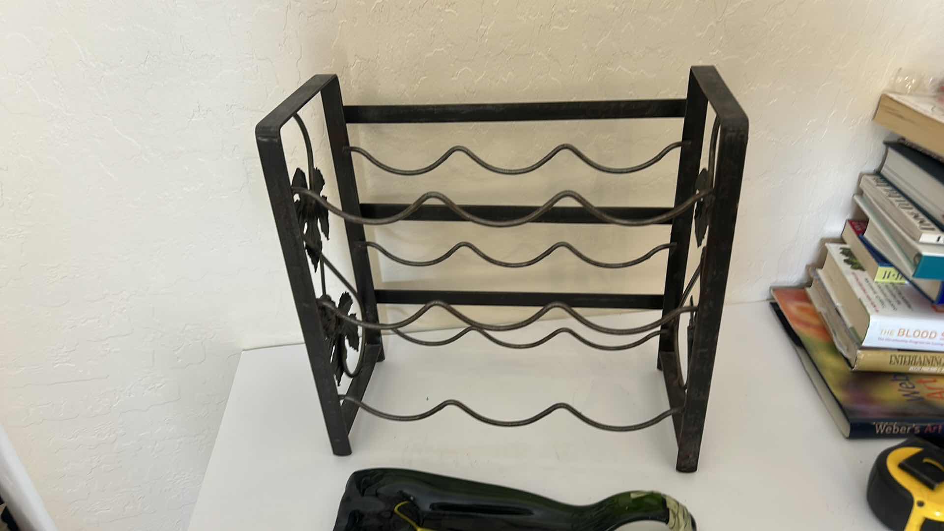Photo 1 of METAL WINE BOTTLE RACK, AND GLASS WINE BOTTLE HOLDER, 14 1/4” x 7 1/4” x 14”