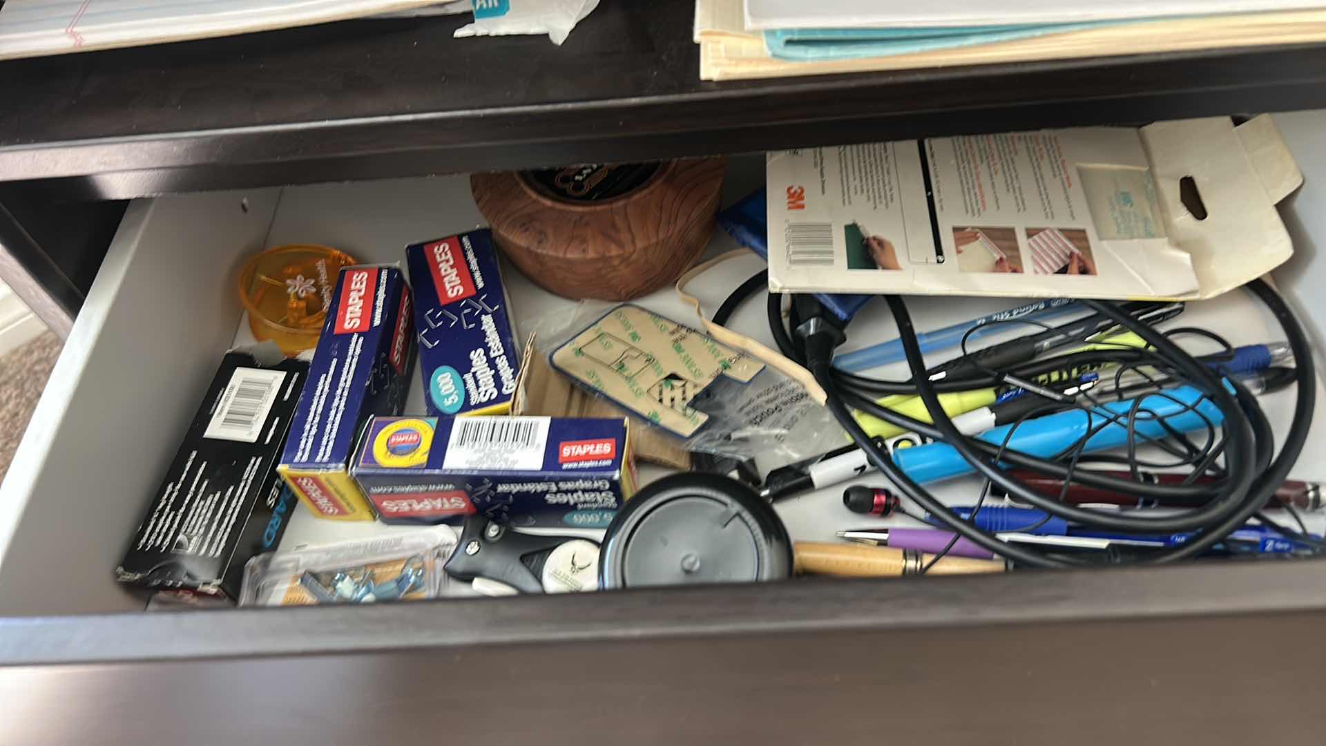 Photo 1 of HP OFFICEJET PRO PRINTER, AND WOOD UNIT WITH OFFICE SUPPLIES AND COPY PAPER