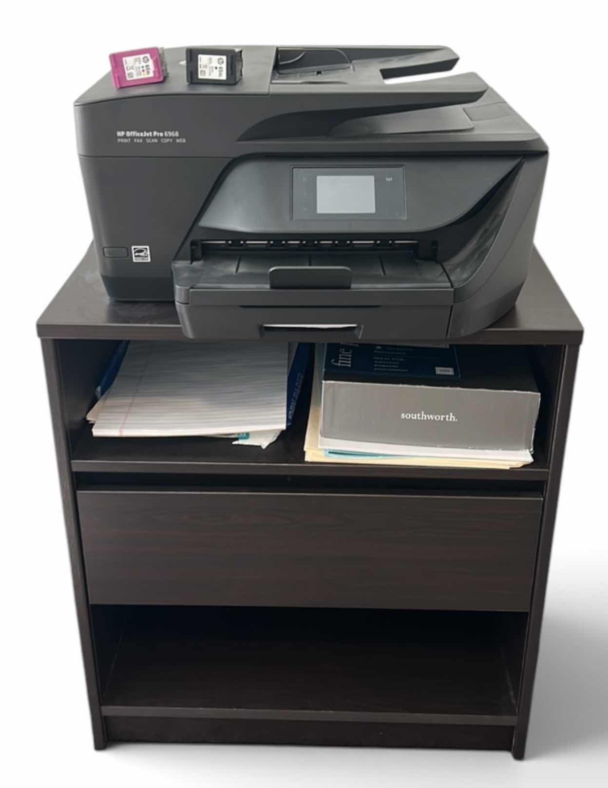 Photo 1 of HP OFFICEJET PRO PRINTER, AND WOOD UNIT WITH OFFICE SUPPLIES AND COPY PAPER