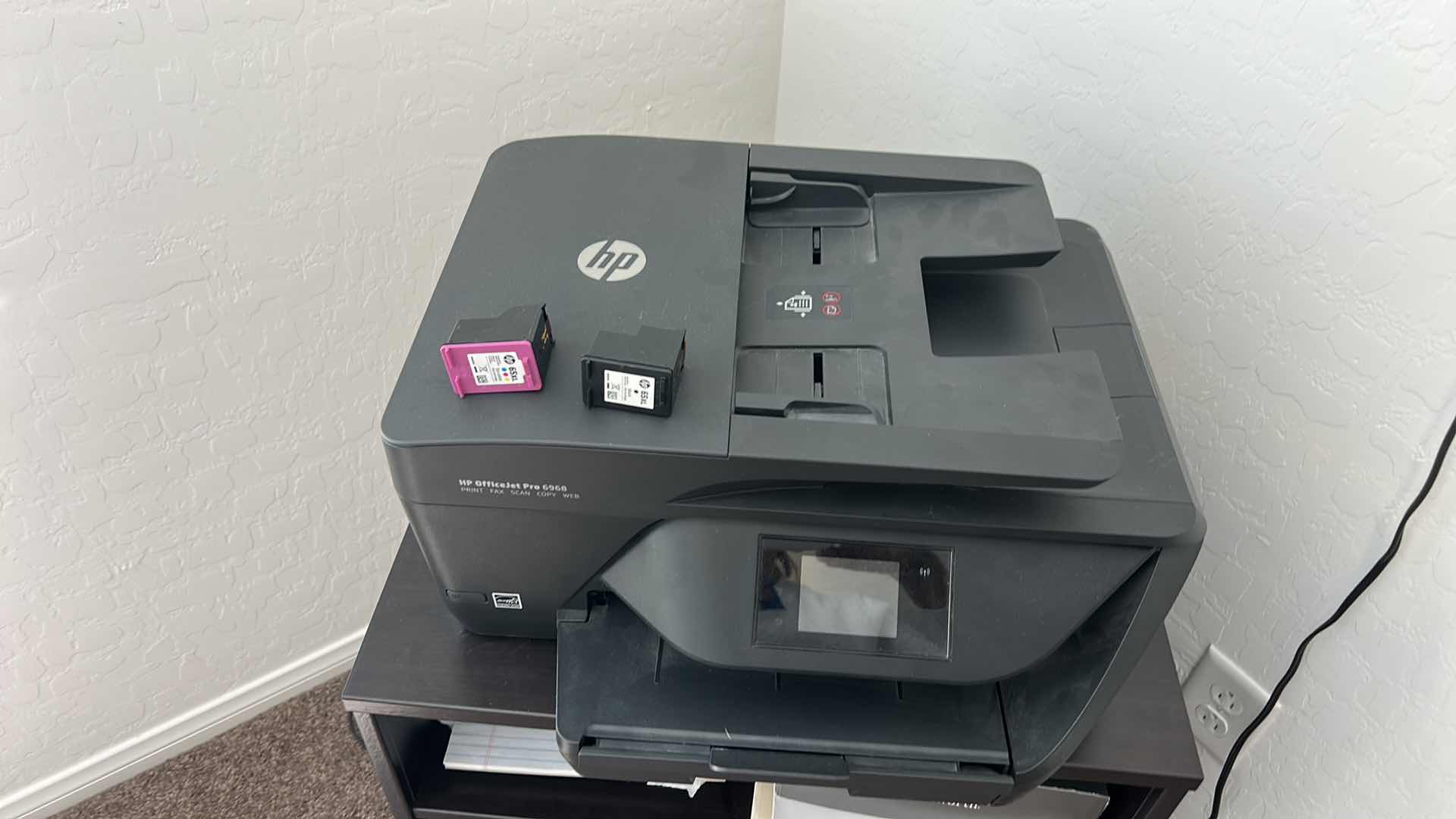 Photo 1 of HP OFFICEJET PRO PRINTER, AND WOOD UNIT WITH OFFICE SUPPLIES AND COPY PAPER