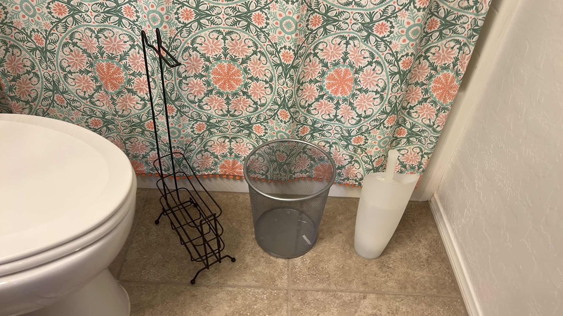 Photo 1 of BATHROOM ENSEMBLE – METAL RACK WITH CONTENTS, SHOWER, CURTAIN AND ROD, TRASHCAN, AND MORE
