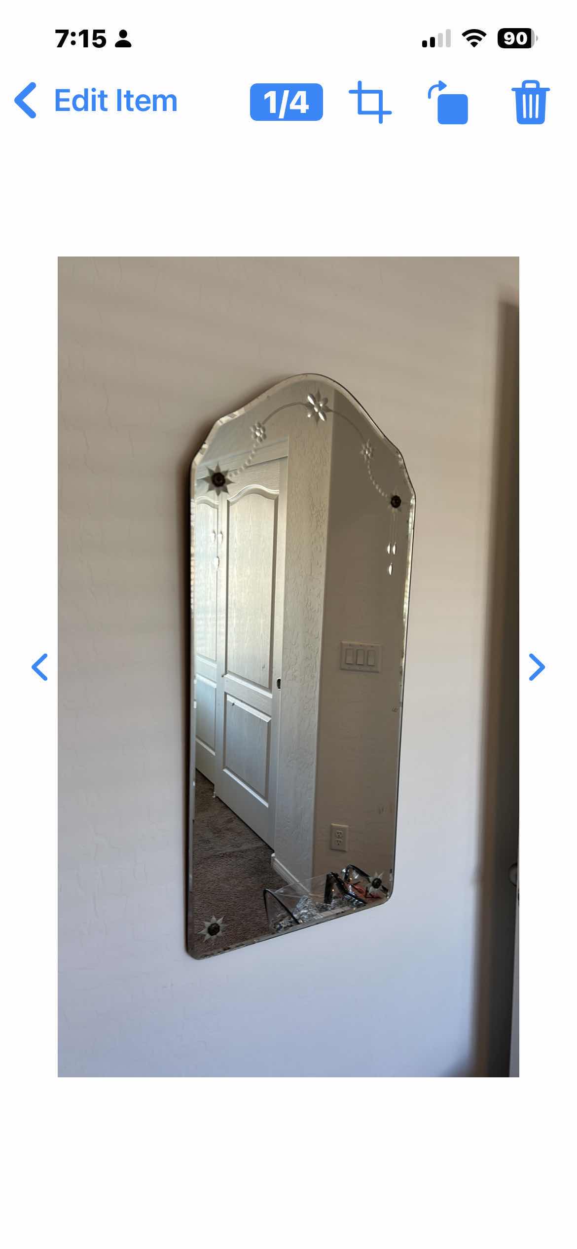 Photo 1 of ART DECO MIRROR FEATURING A DISTINCTIVE FRAMELESS DESIGN WITH A SCALLOP ARCHED TOP AND DELICATE STARBURST ETCHING 16“ x H35 1/2“ $300 - $600+