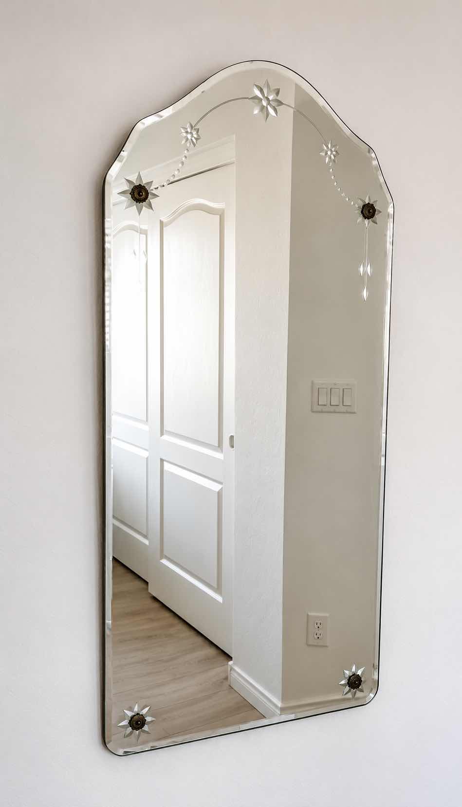 Photo 1 of ART DECO MIRROR FEATURING A DISTINCTIVE FRAMELESS DESIGN WITH A SCALLOP ARCHED TOP AND DELICATE STARBURST ETCHING 16“ x H35 1/2“ $300 - $600+