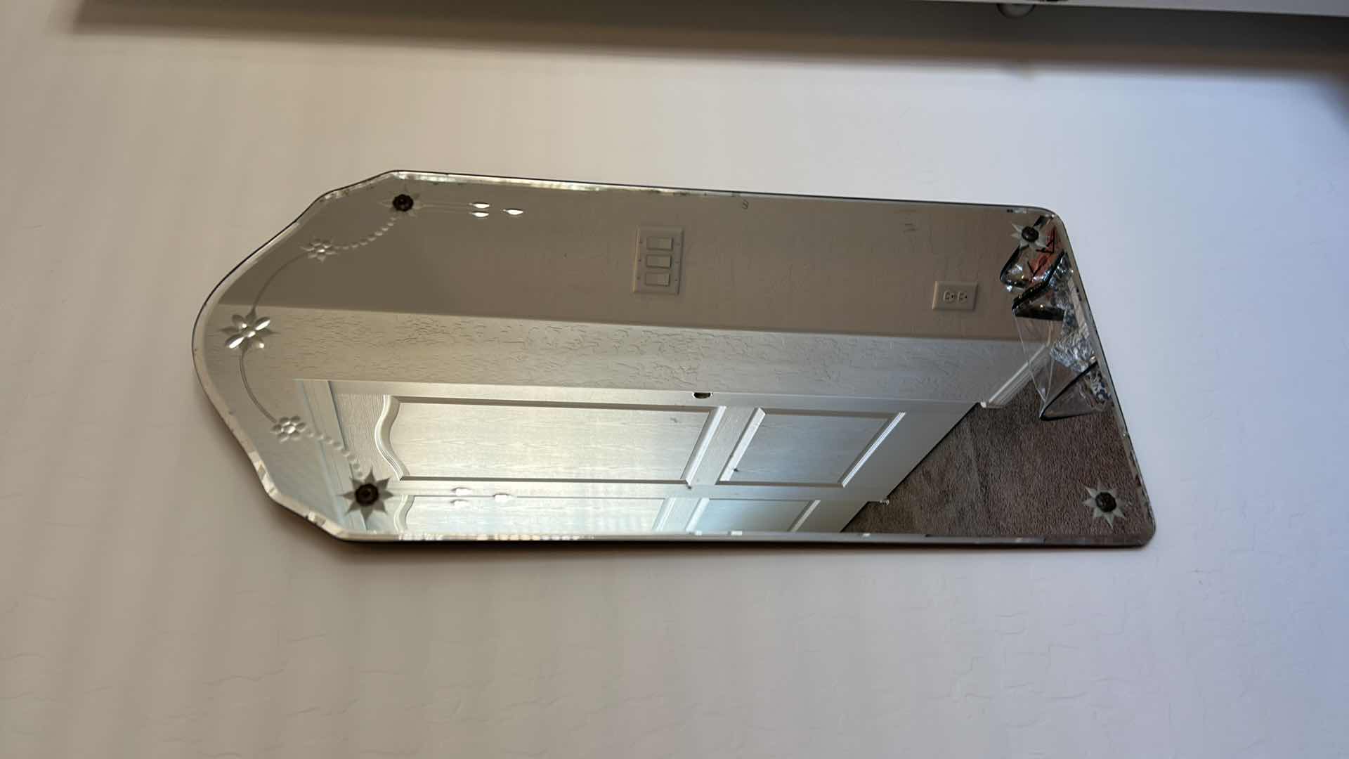 Photo 1 of ART DECO MIRROR FEATURING A DISTINCTIVE FRAMELESS DESIGN WITH A SCALLOP ARCHED TOP AND DELICATE STARBURST ETCHING 16“ x H35 1/2“ $300 - $600+