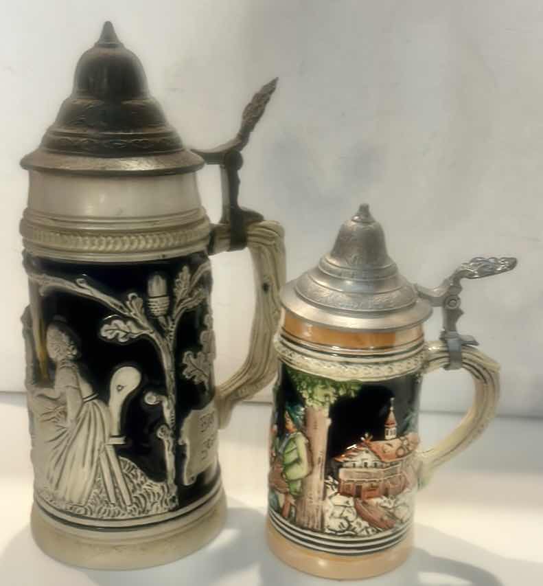 Photo 1 of 2 VINTAGE TRADITIONAL GERMAN CERAMIC BEER STEINS (TALLEST 9.25”)