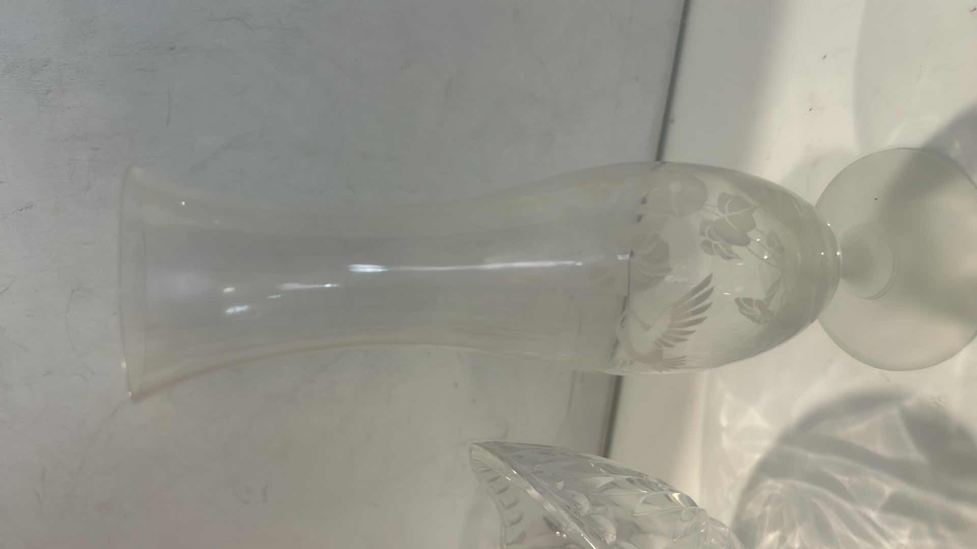 Photo 1 of VINTAGE GLASSWARE – GONDOLA BOAT DISH, ETCHED BUD VASE H9” & MORE