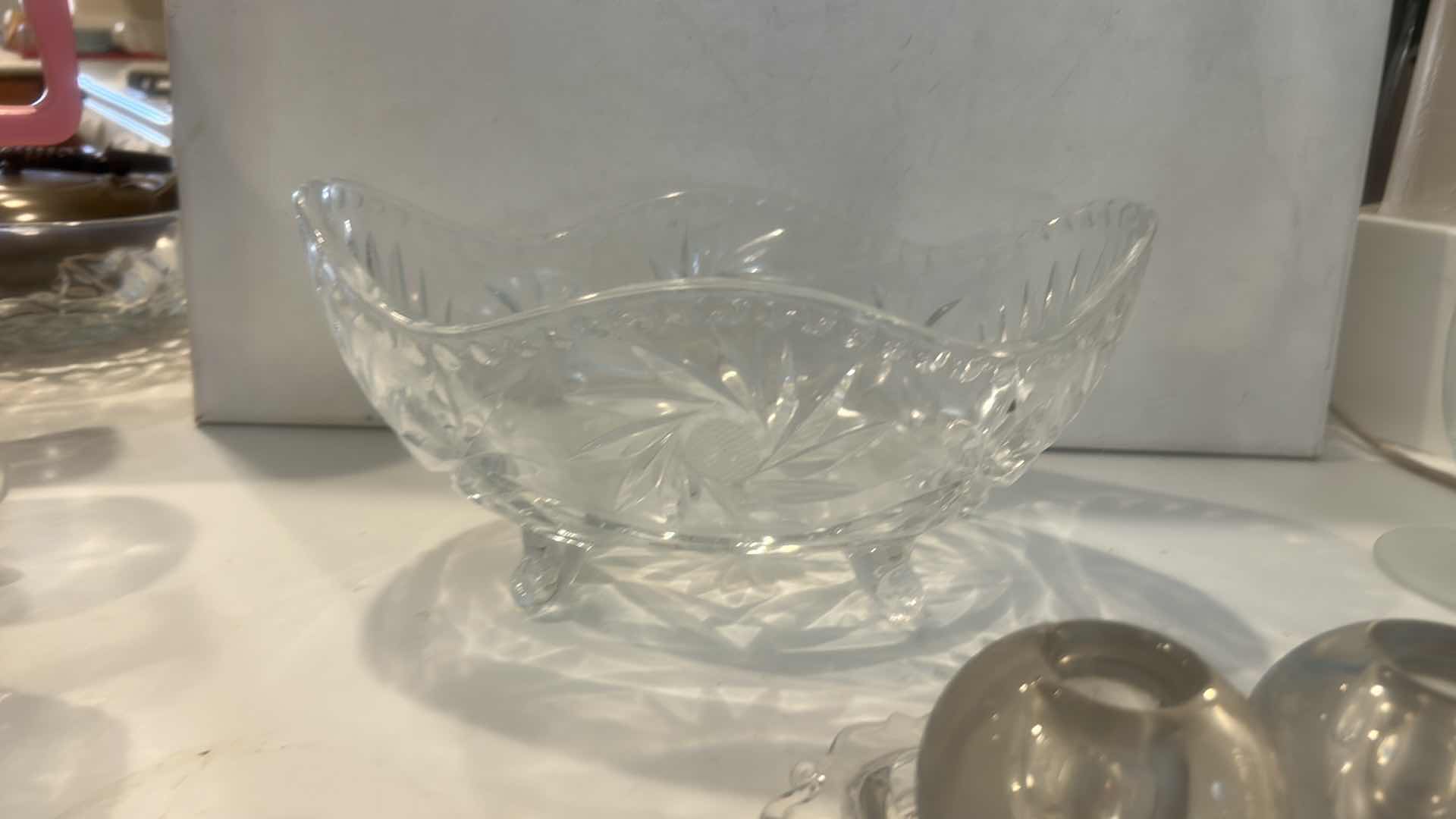 Photo 1 of VINTAGE GLASSWARE – GONDOLA BOAT DISH, ETCHED BUD VASE H9” & MORE