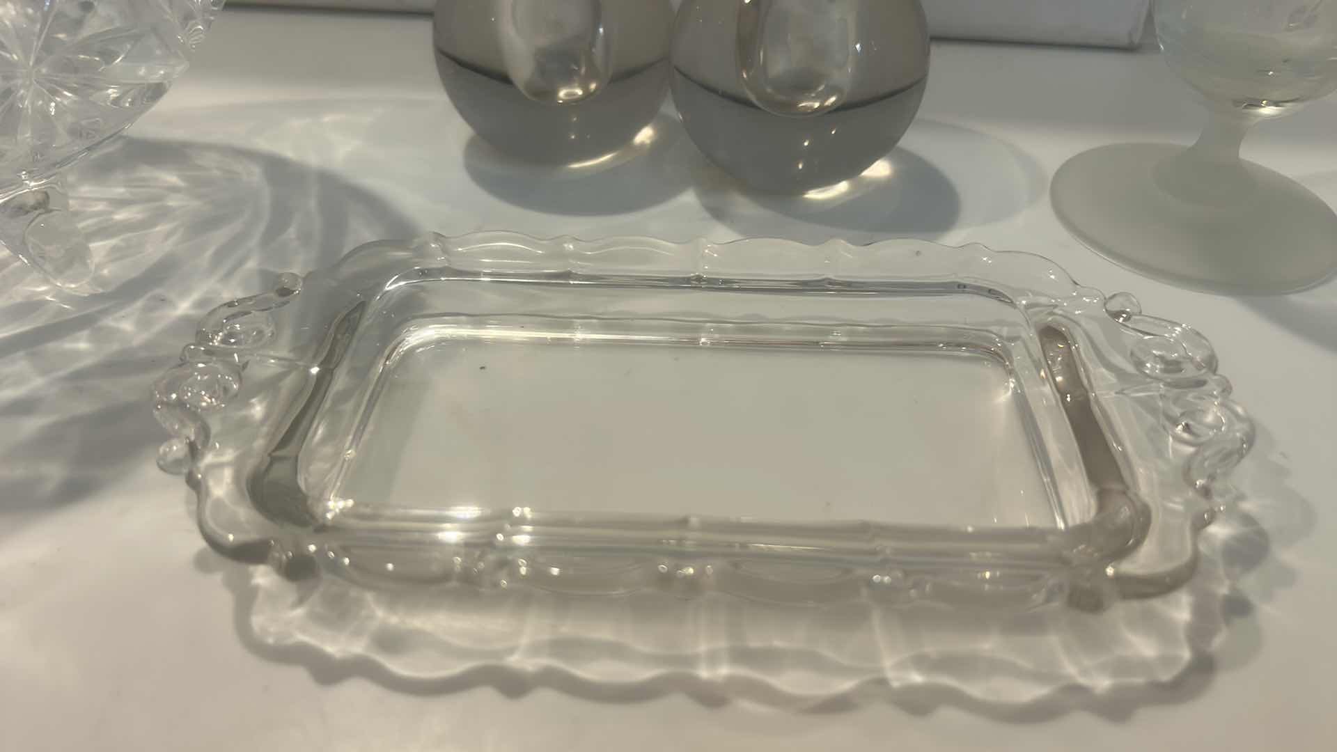Photo 1 of VINTAGE GLASSWARE – GONDOLA BOAT DISH, ETCHED BUD VASE H9” & MORE