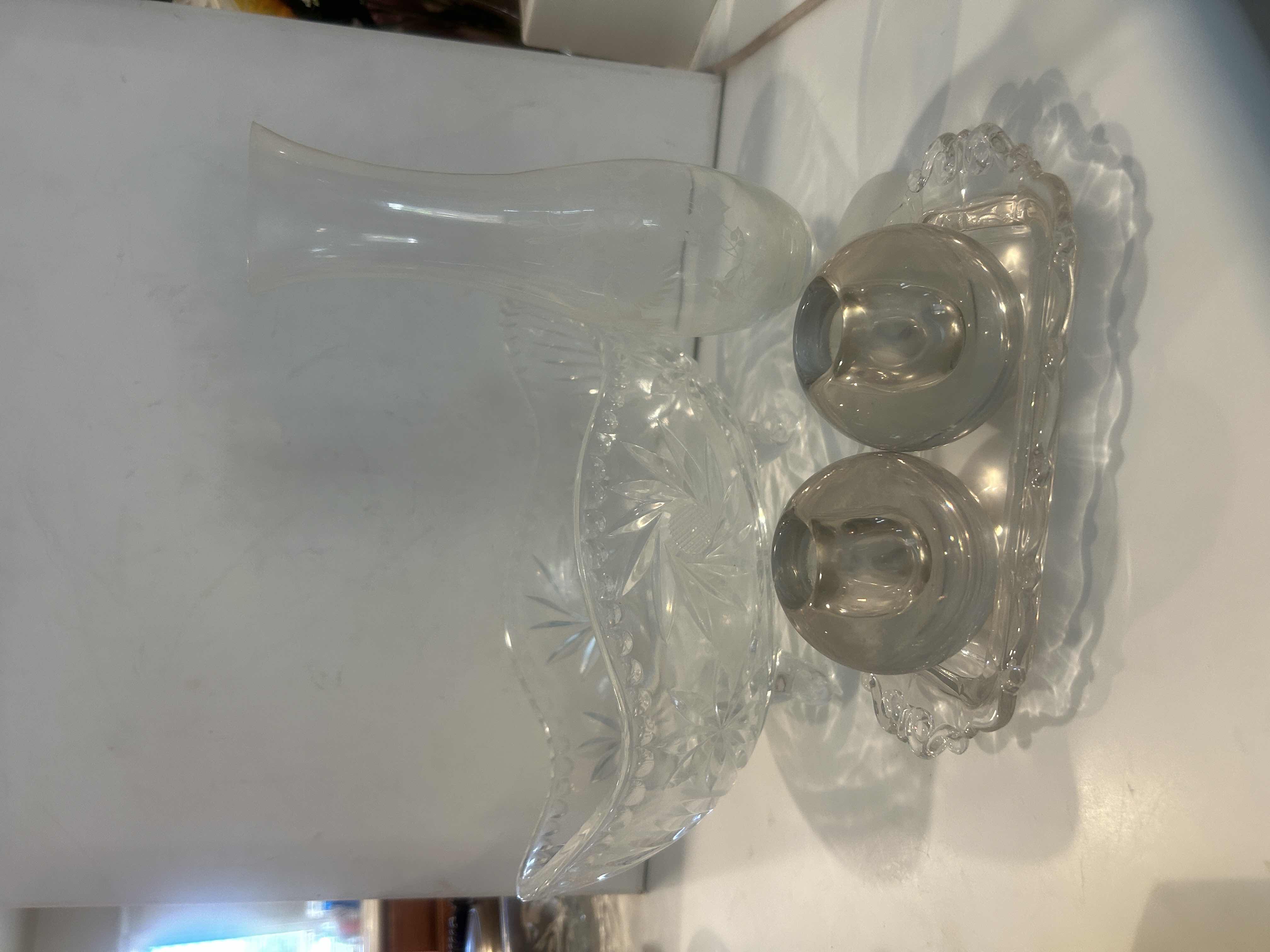 Photo 1 of VINTAGE GLASSWARE – GONDOLA BOAT DISH, ETCHED BUD VASE H9” & MORE